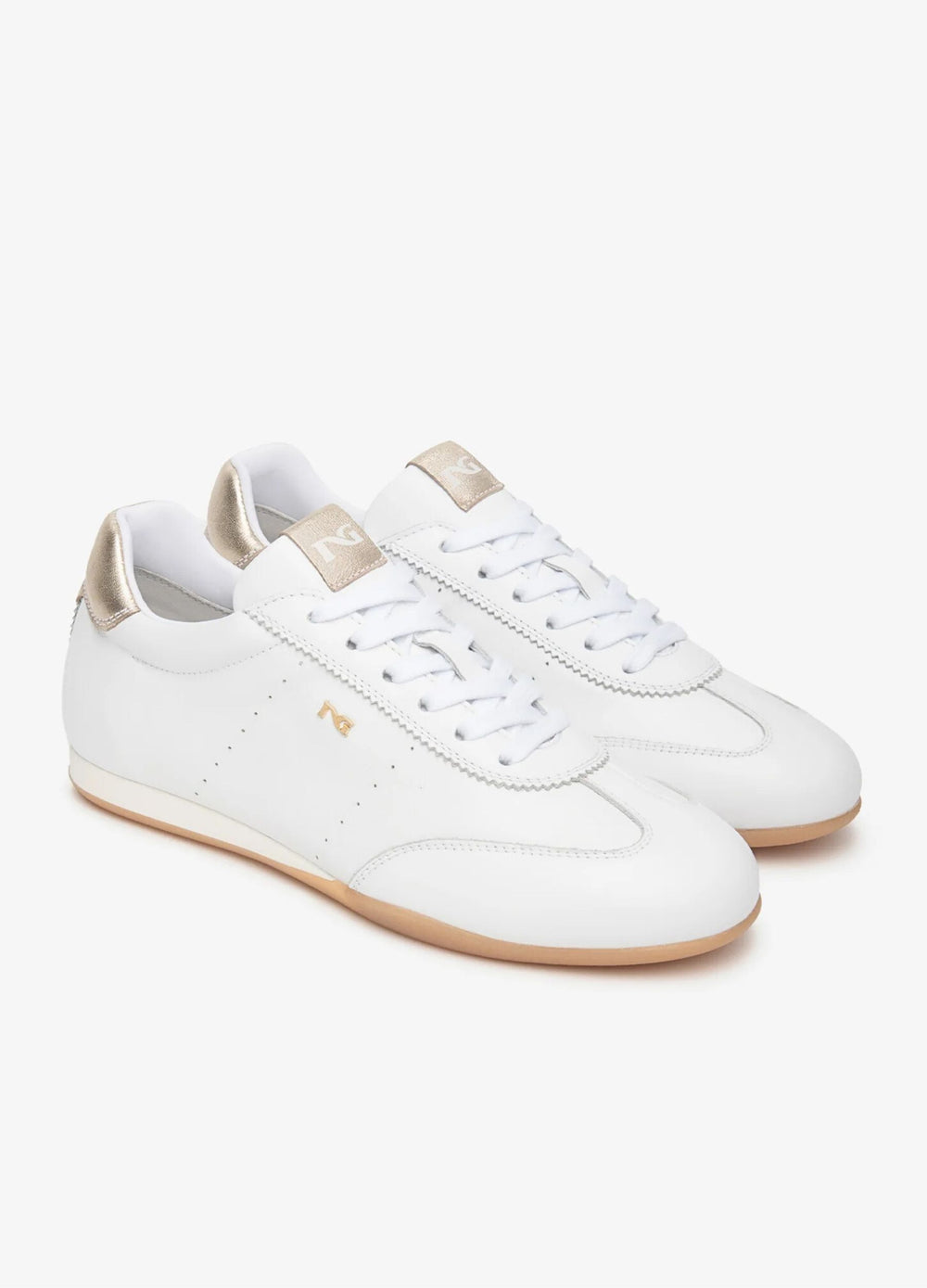 Nero Giardini Low Profile Leather Trainer with Gold Heel White 707
