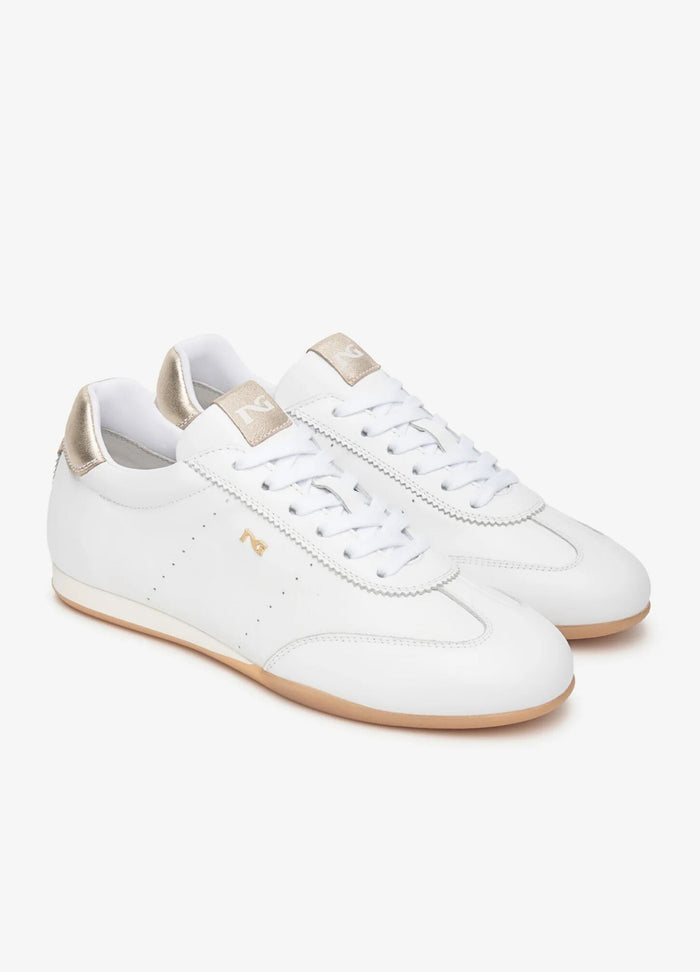 Nero Giardini Low Profile Leather Trainer with Gold Heel White 707