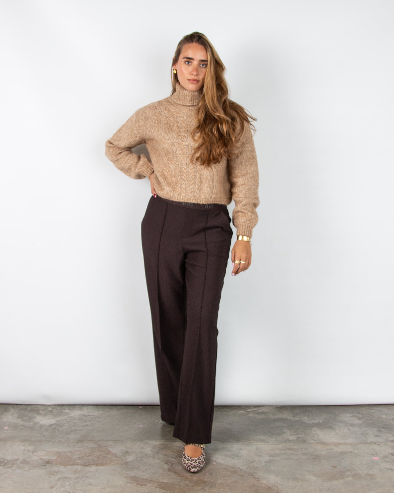 Oui Chunky Cable Knit Roll Neck Jumper Camel Melange