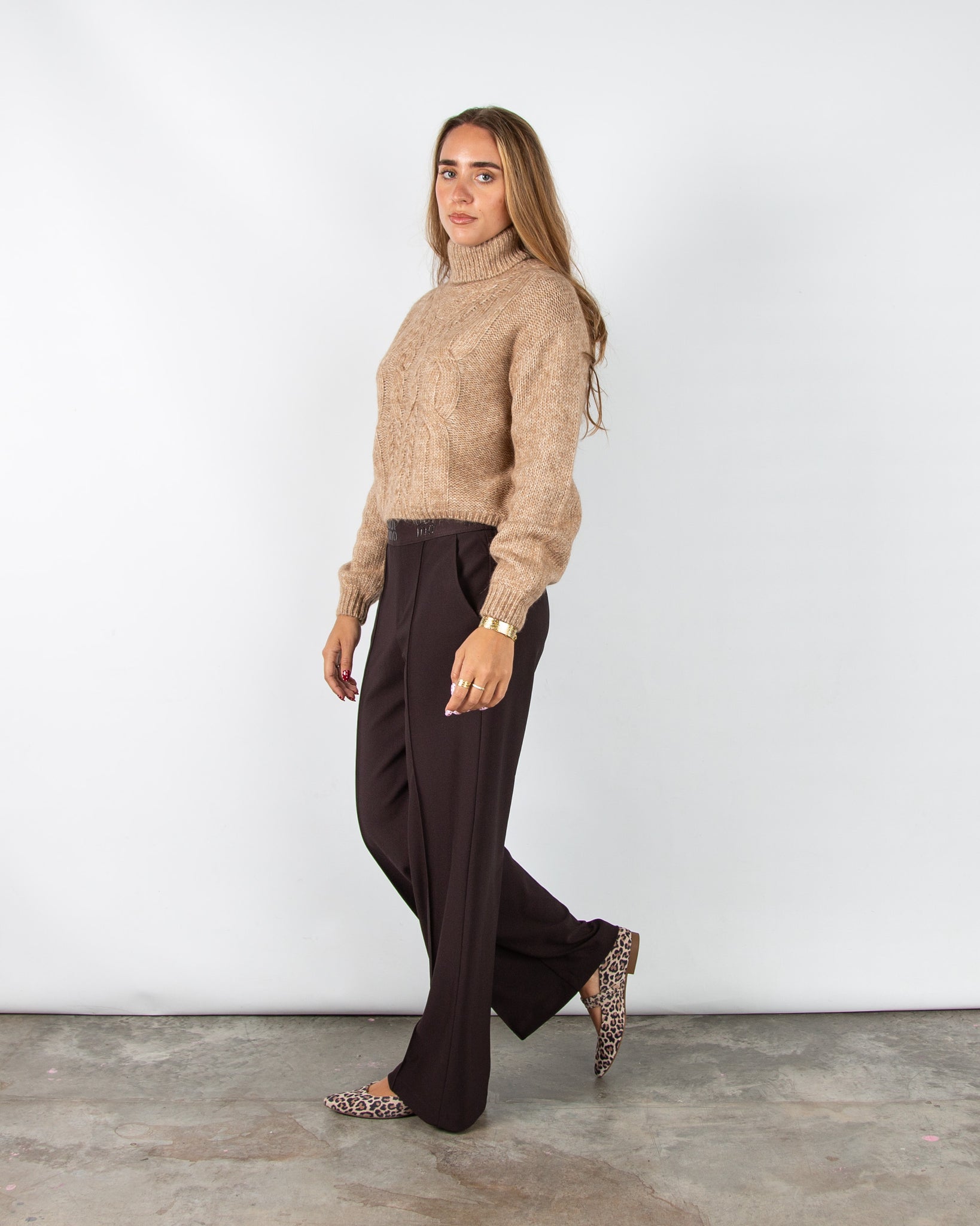 Oui Chunky Cable Knit Roll Neck Jumper Camel Melange