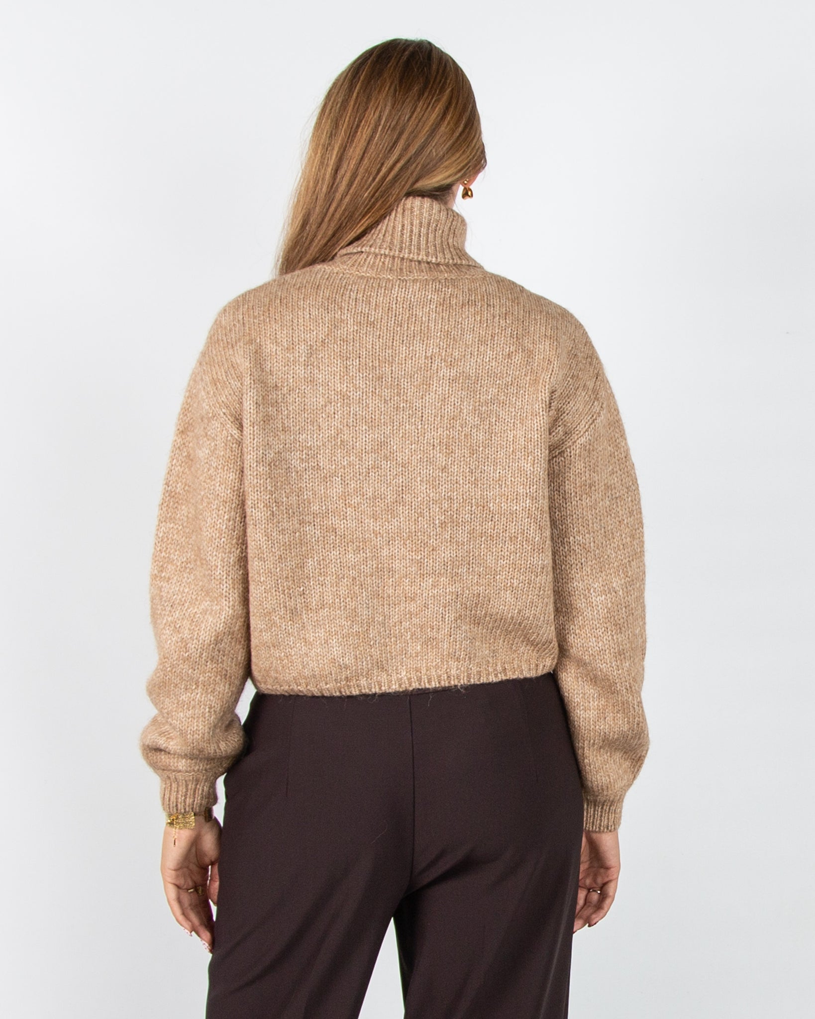 Oui Chunky Cable Knit Roll Neck Jumper Camel Melange