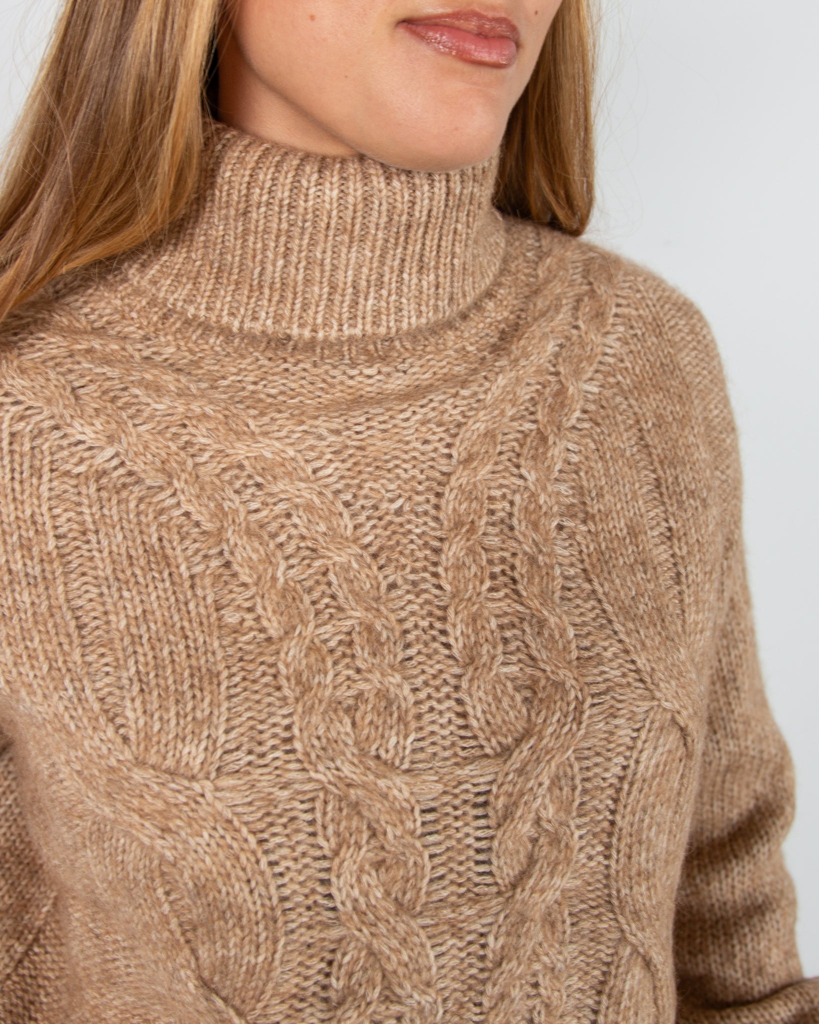 Oui Chunky Cable Knit Roll Neck Jumper Camel Melange