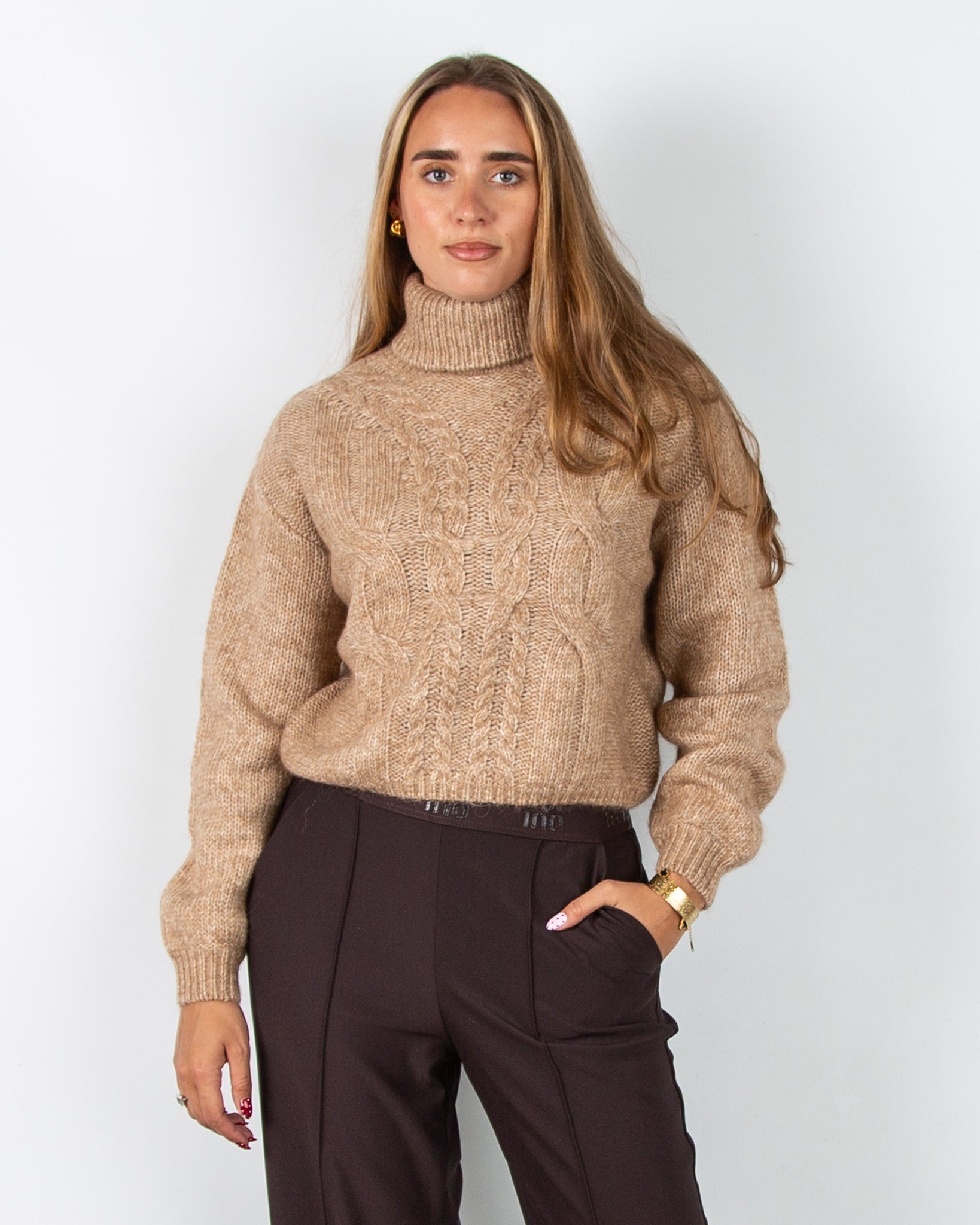 Oui Chunky Cable Knit Roll Neck Jumper Camel Melange