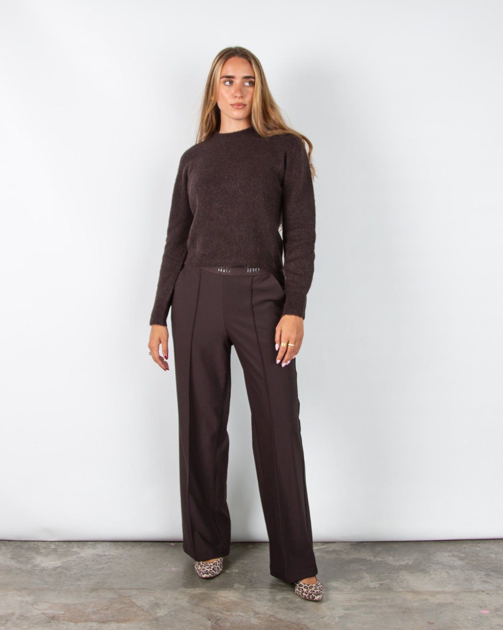 Oui Soft Knit Crew Neck Jumper Chocolate