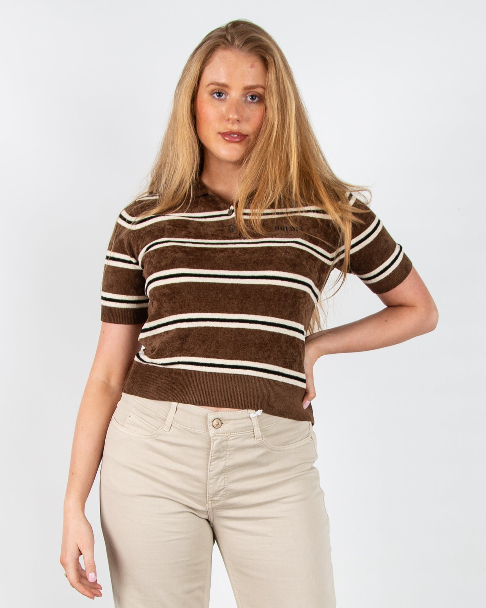 Oui Campus Club Velour Stripe Polo Top Brown/White 0841