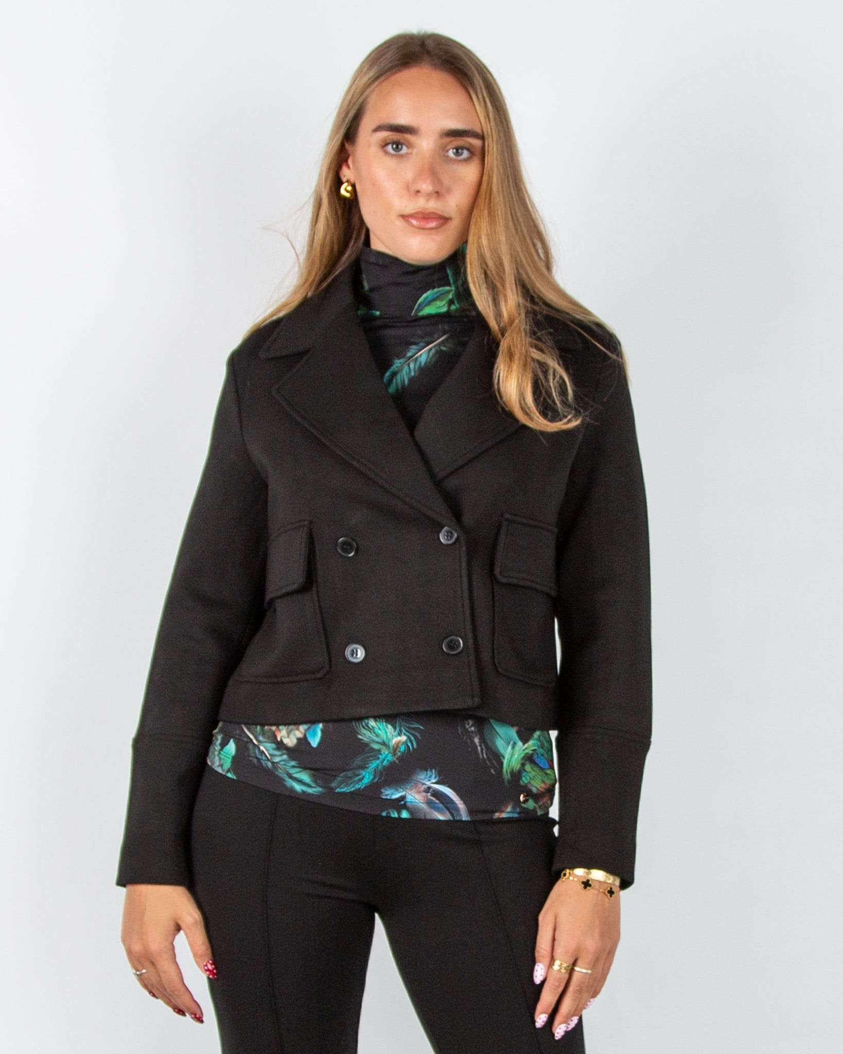 Oui Double Breasted Short Scuba Jacket Black