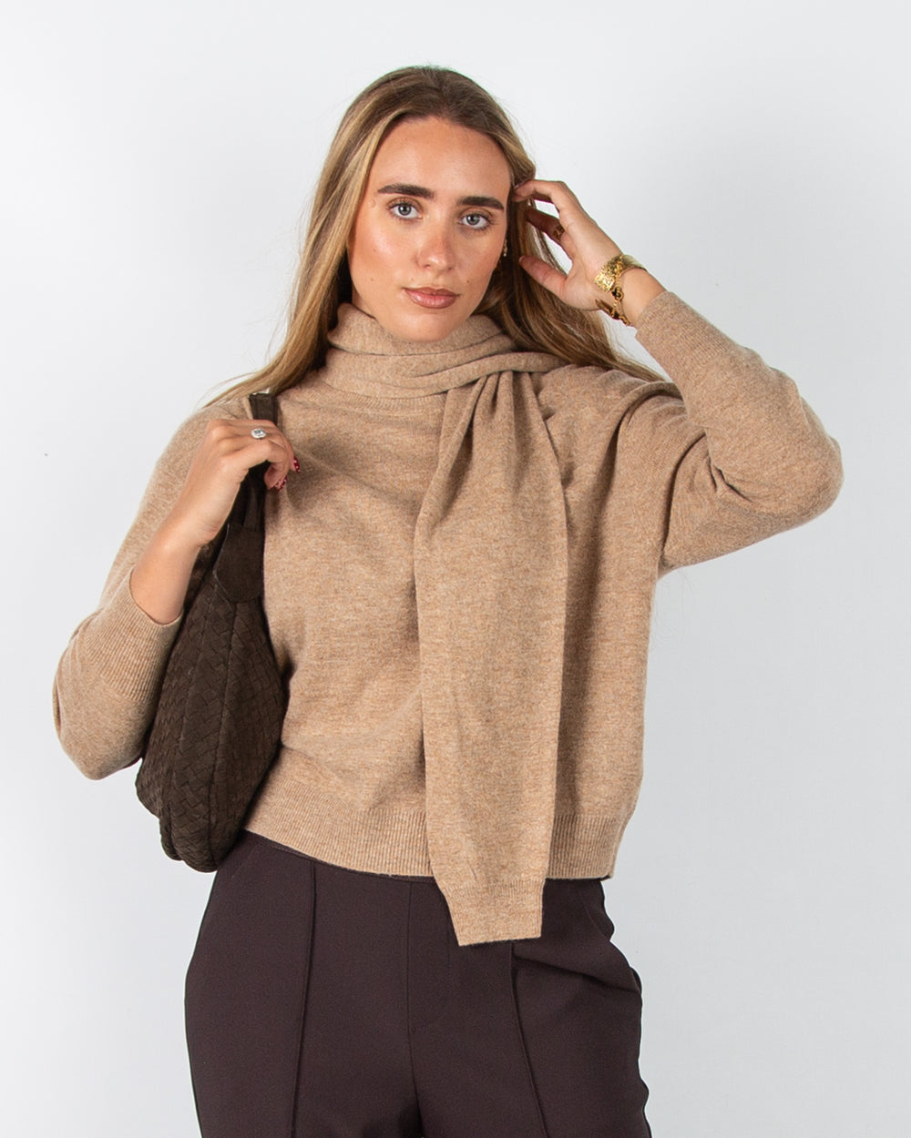 Oui Round Neck Jumper With Attached Scarf Camel Melange