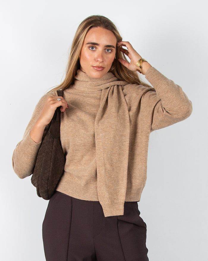 Oui Round Neck Jumper With Attached Scarf Camel Melange