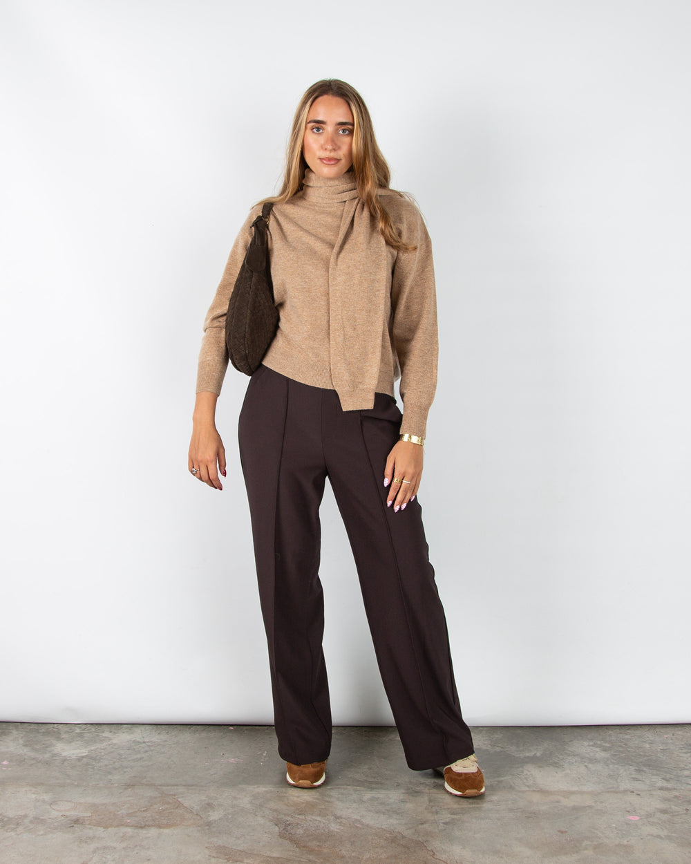 Oui Round Neck Jumper With Attached Scarf Camel Melange