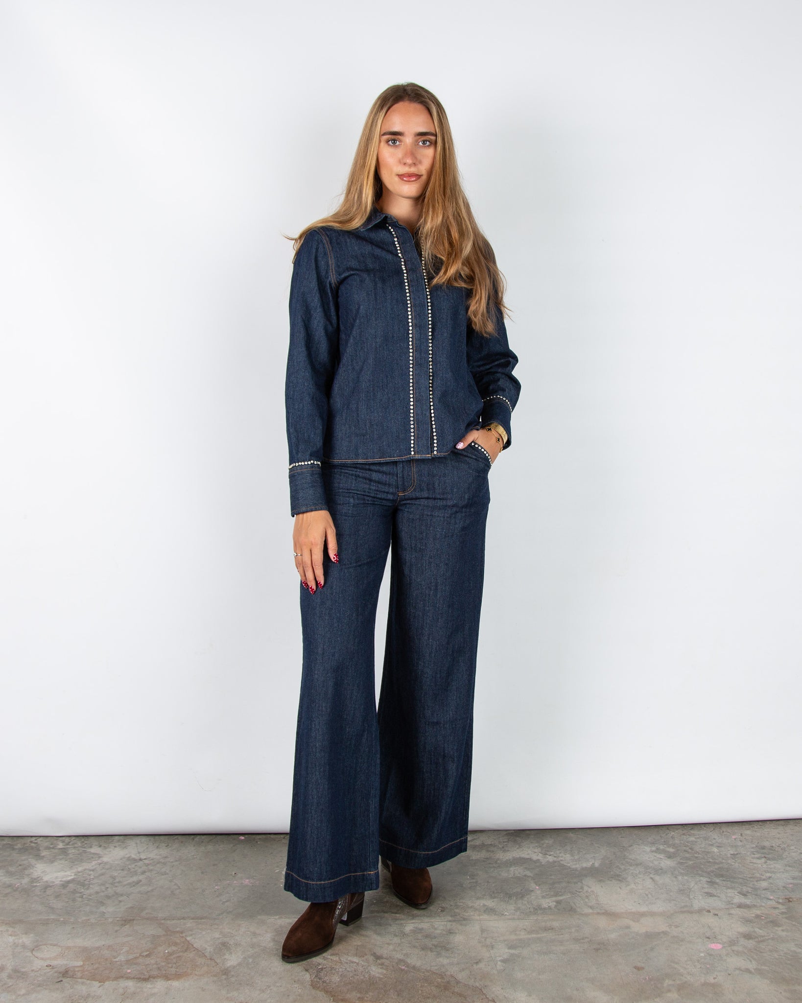 Part Two Ursula Wide Leg Denim Jean With Diamante Trim Dark Denim