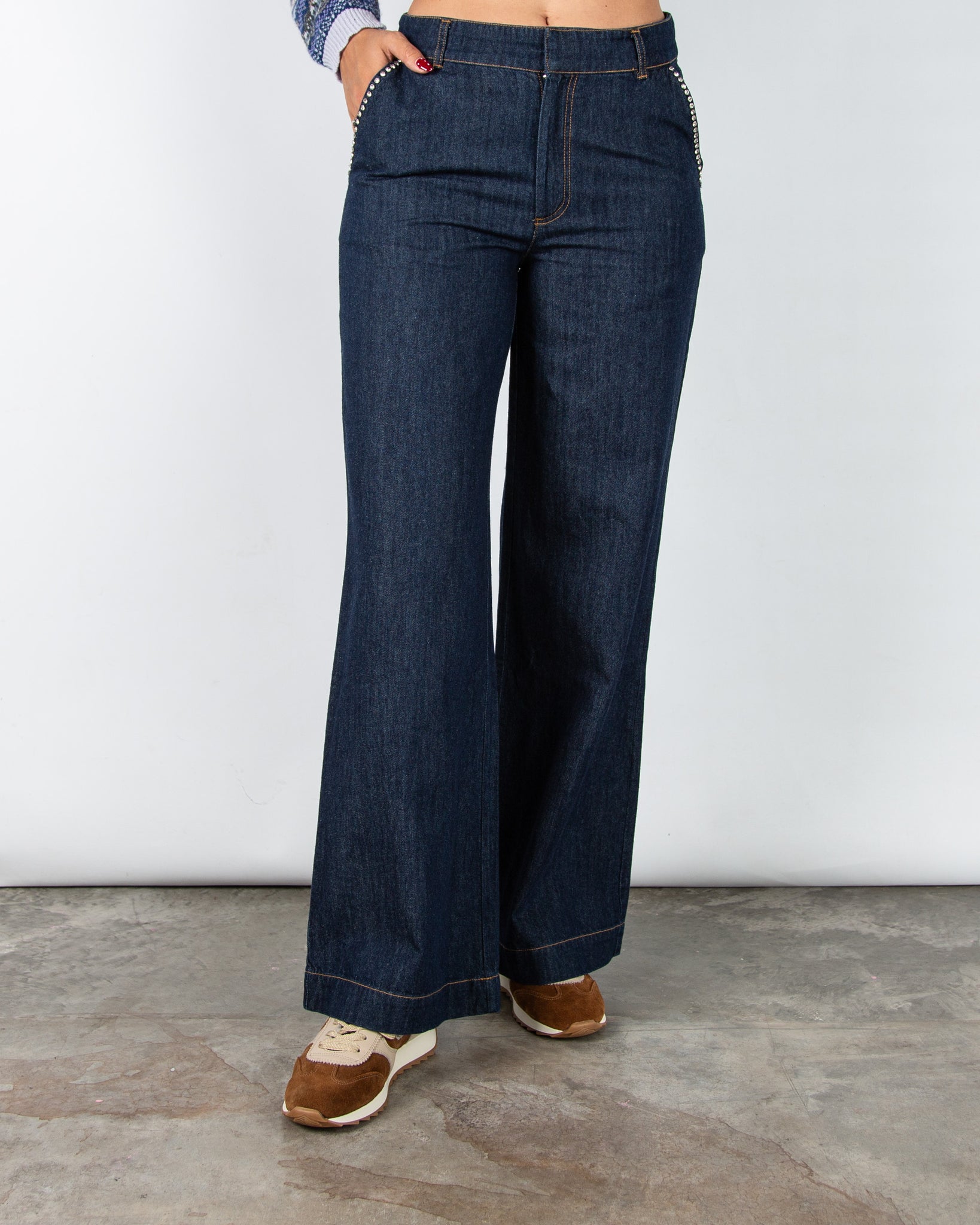 Part Two Ursula Wide Leg Denim Jean With Diamante Trim Dark Denim