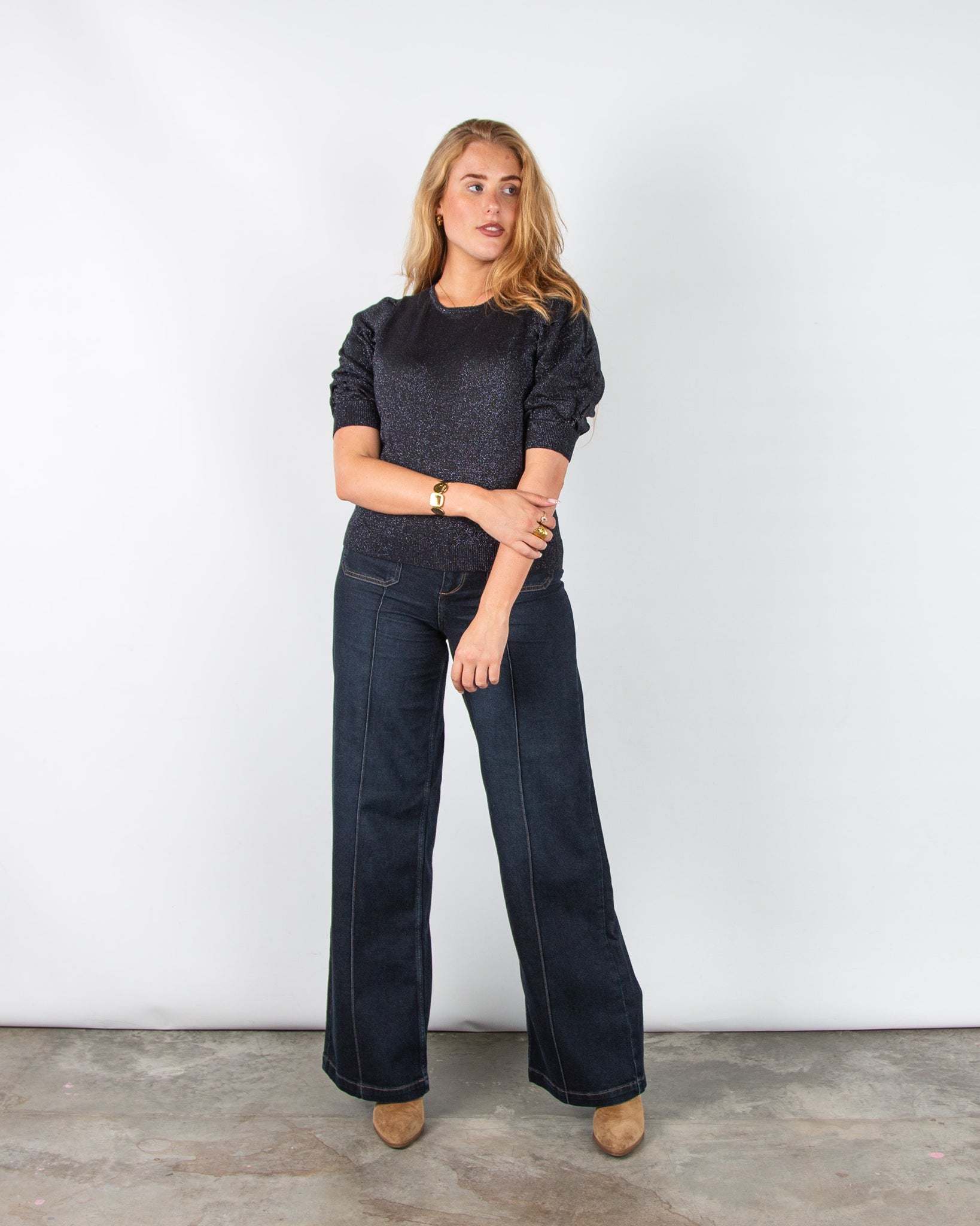 Part Two Varaia Lurex Knit 3/4 Ruched Sleeve Top Dark Navy