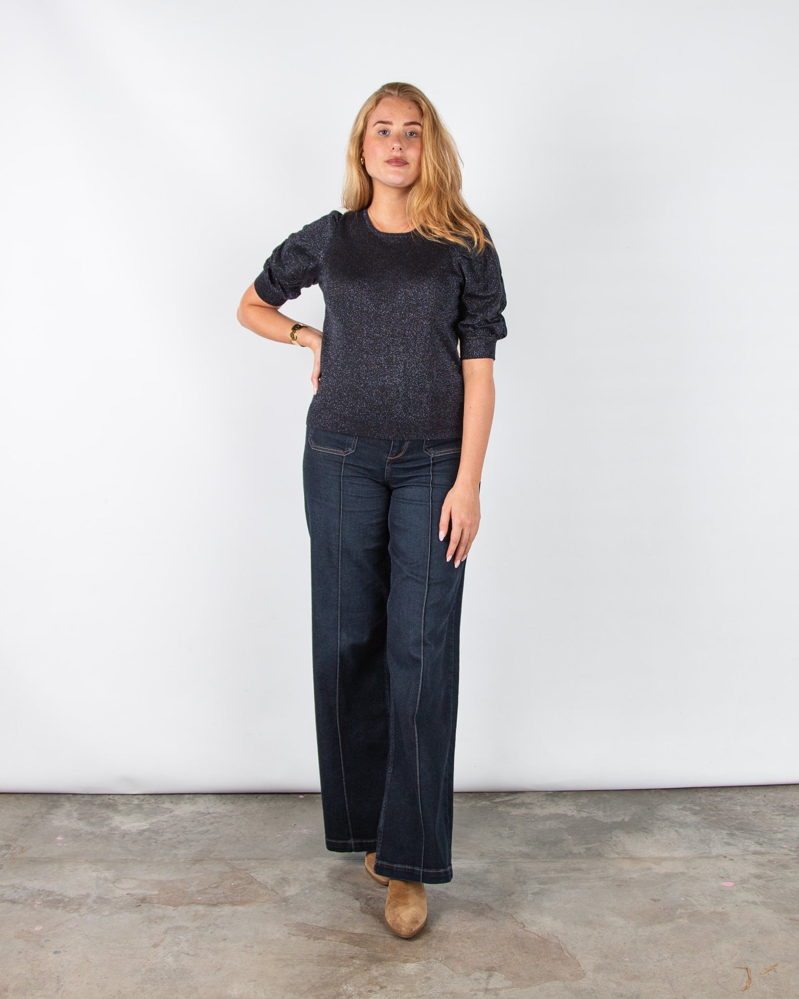 Part Two Varaia Lurex Knit 3/4 Ruched Sleeve Top Dark Navy