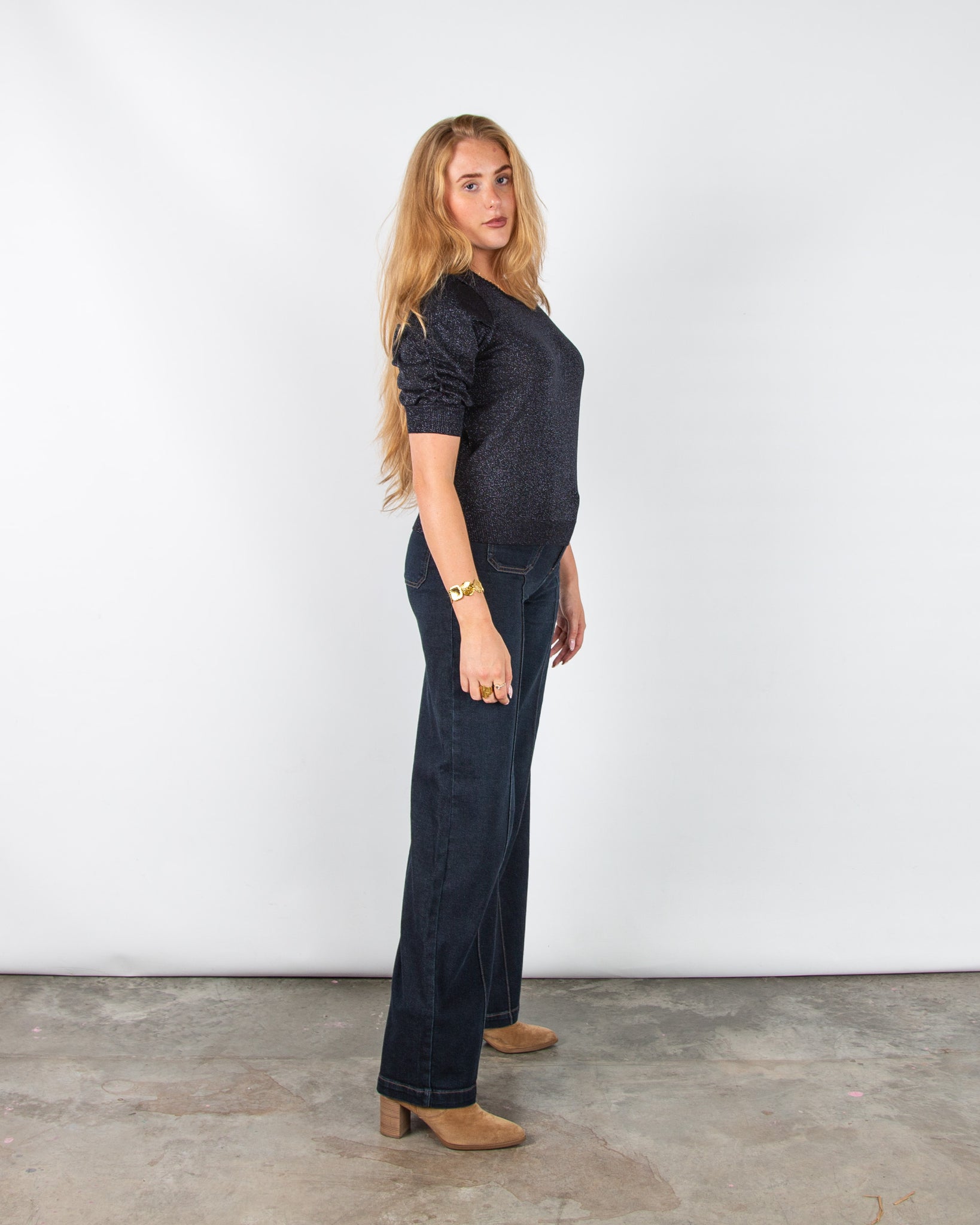 Part Two Varaia Lurex Knit 3/4 Ruched Sleeve Top Dark Navy