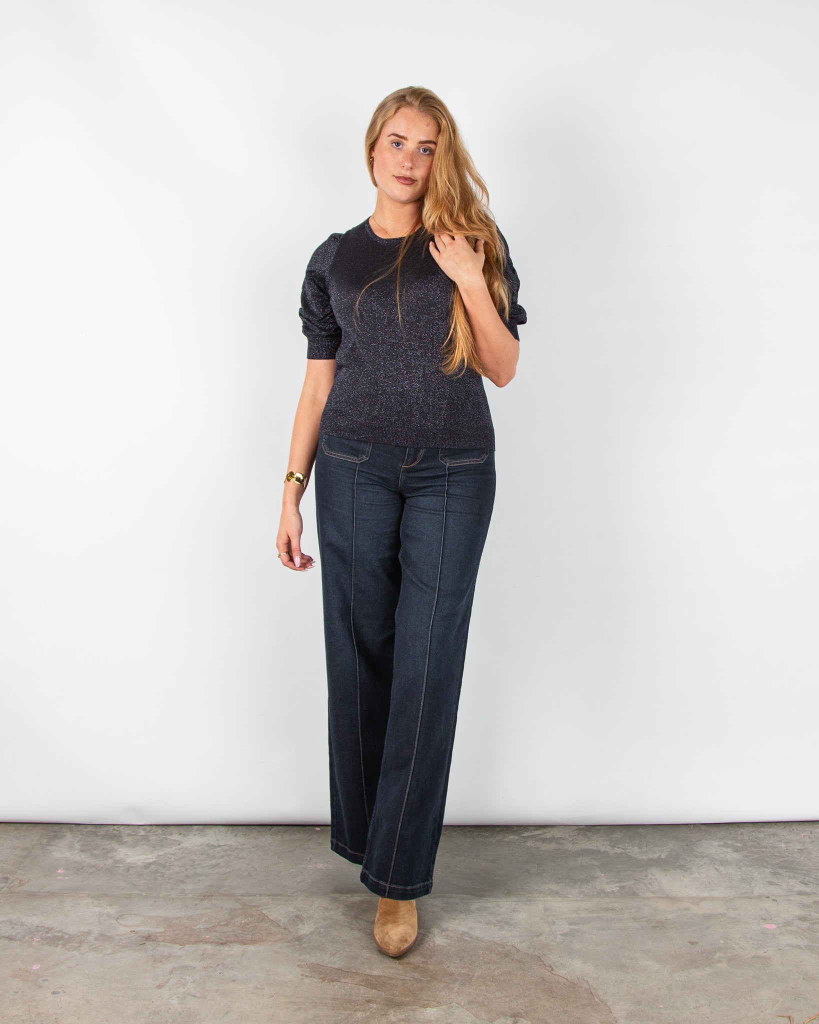 Part Two Varaia Lurex Knit 3/4 Ruched Sleeve Top Dark Navy