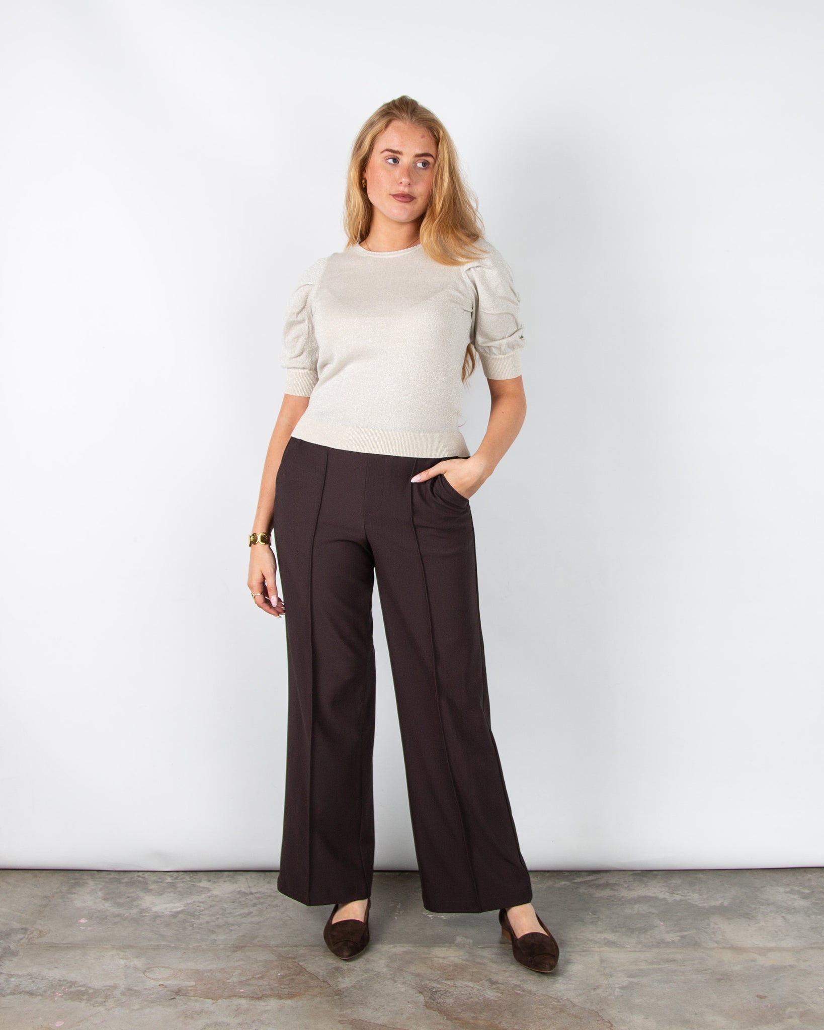 Part Two Varaia Lurex Knit 3/4 Ruched Sleeve Top Pearl