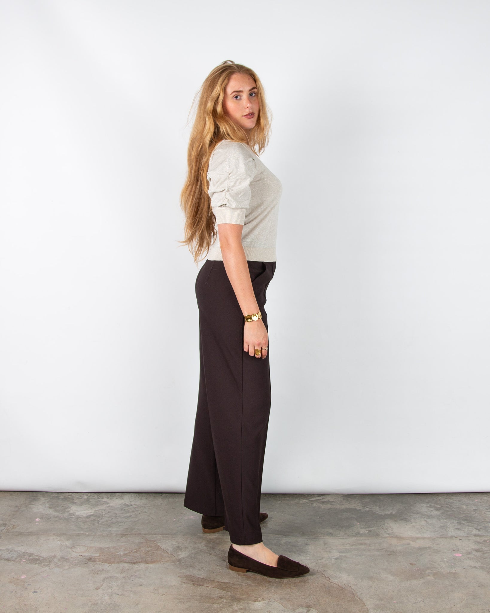 Part Two Varaia Lurex Knit 3/4 Ruched Sleeve Top Pearl