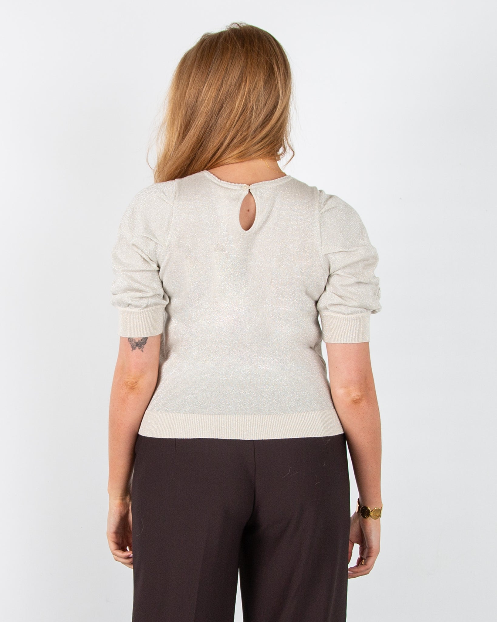 Part Two Varaia Lurex Knit 3/4 Ruched Sleeve Top Pearl