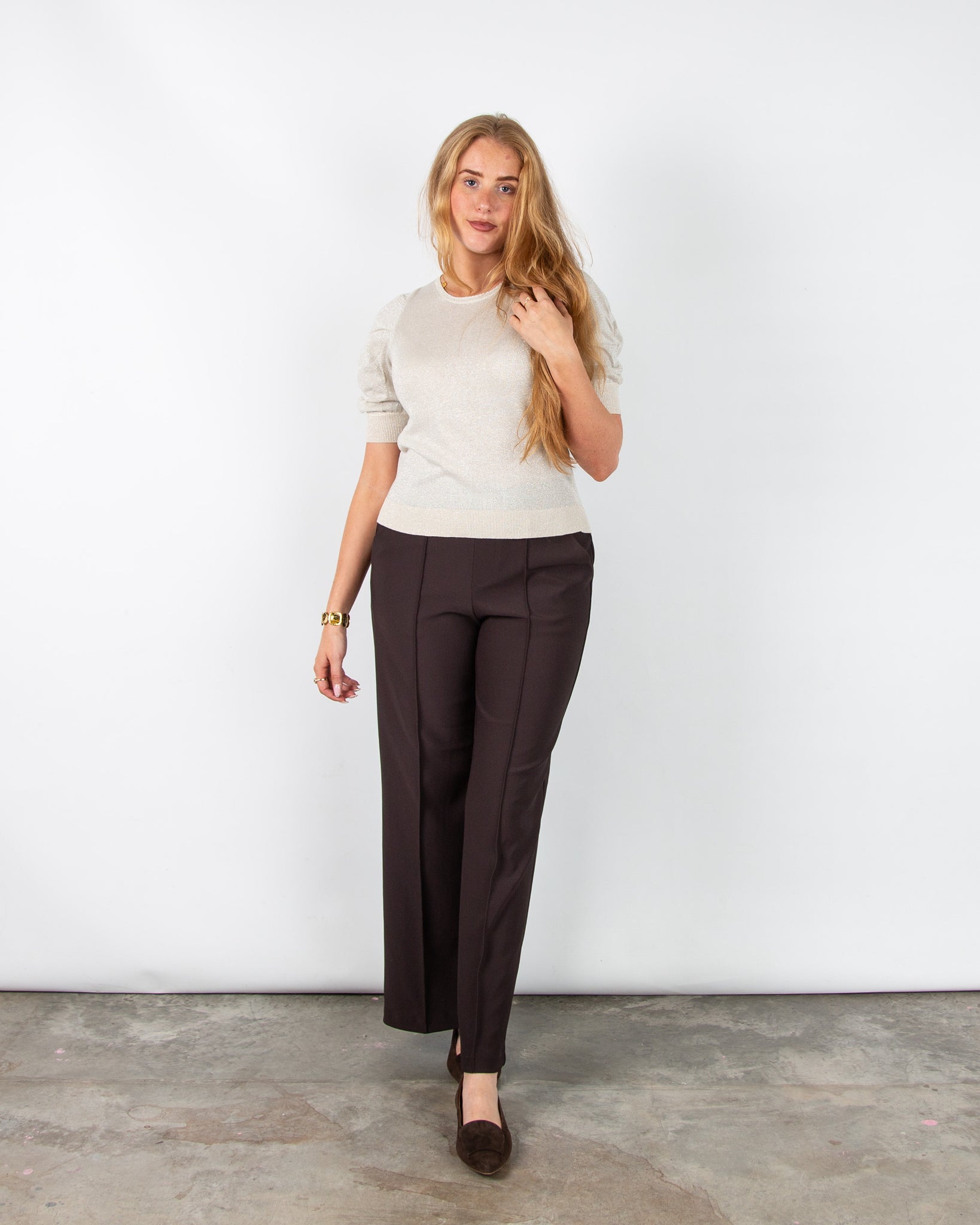 Part Two Varaia Lurex Knit 3/4 Ruched Sleeve Top Pearl