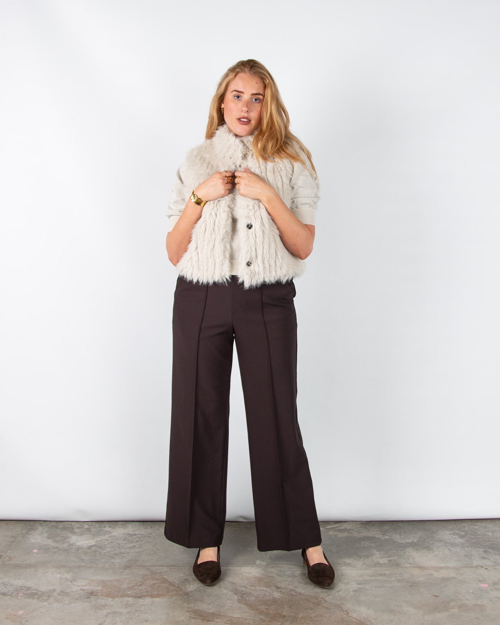 Part Two Varaia Lurex Knit 3/4 Ruched Sleeve Top Pearl