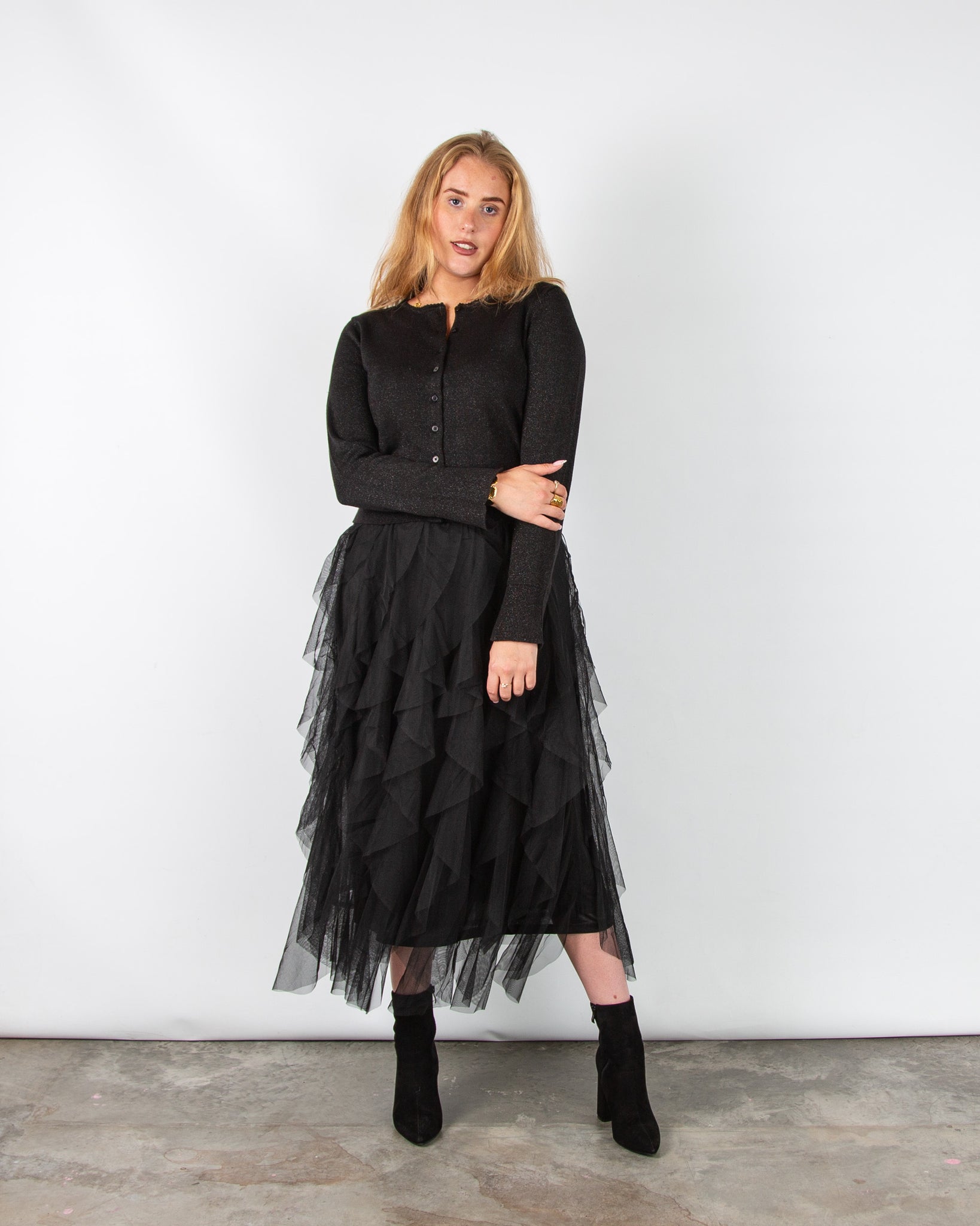 Part Two Veinta Lurex Knit Collarless Cardigan Black