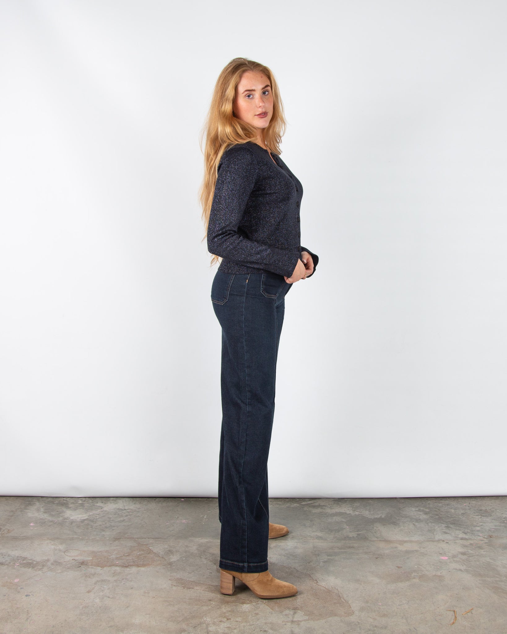 Part Two Veinta Lurex Knit Collarless Cardigan Dark Navy
