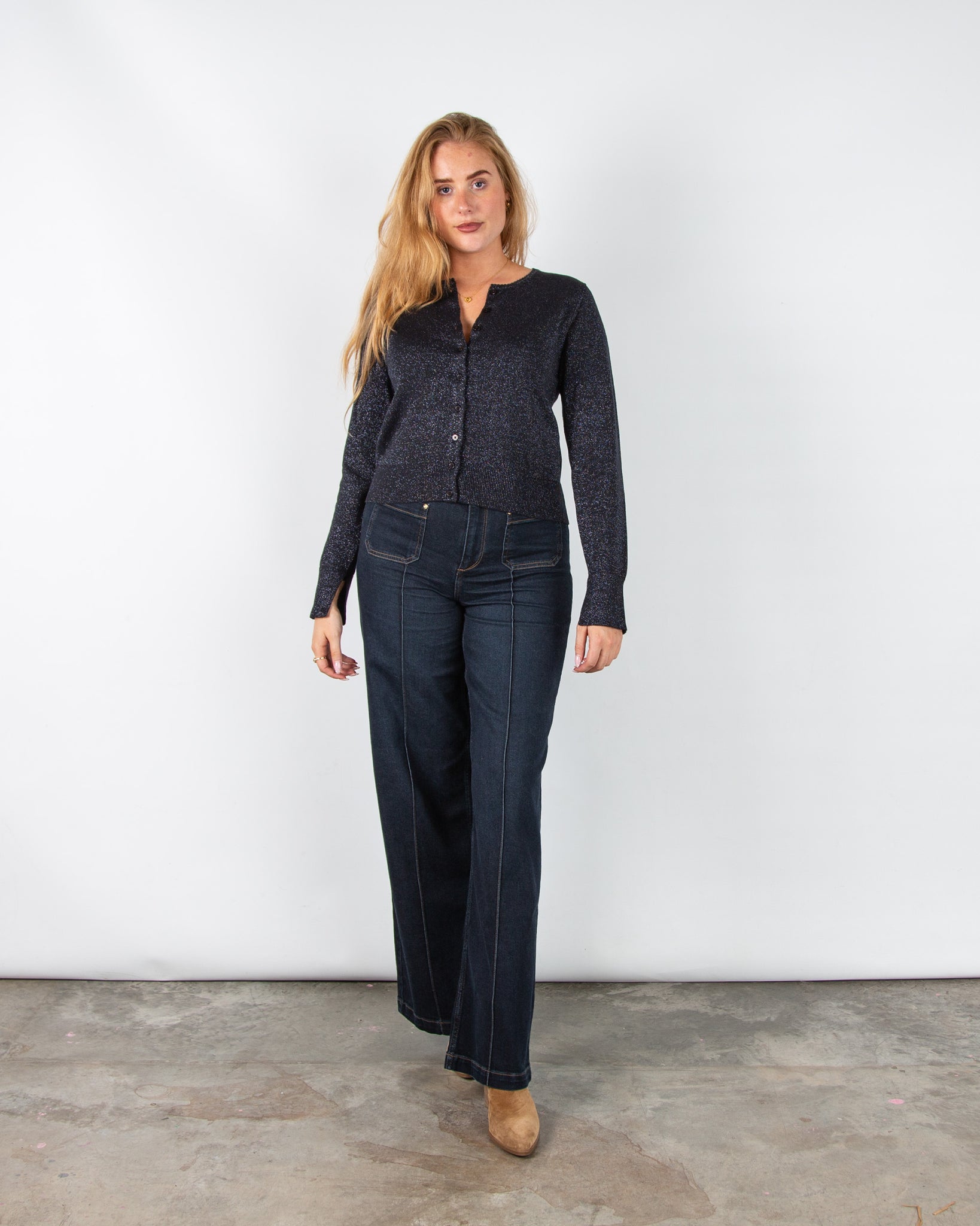 Part Two Veinta Lurex Knit Collarless Cardigan Dark Navy