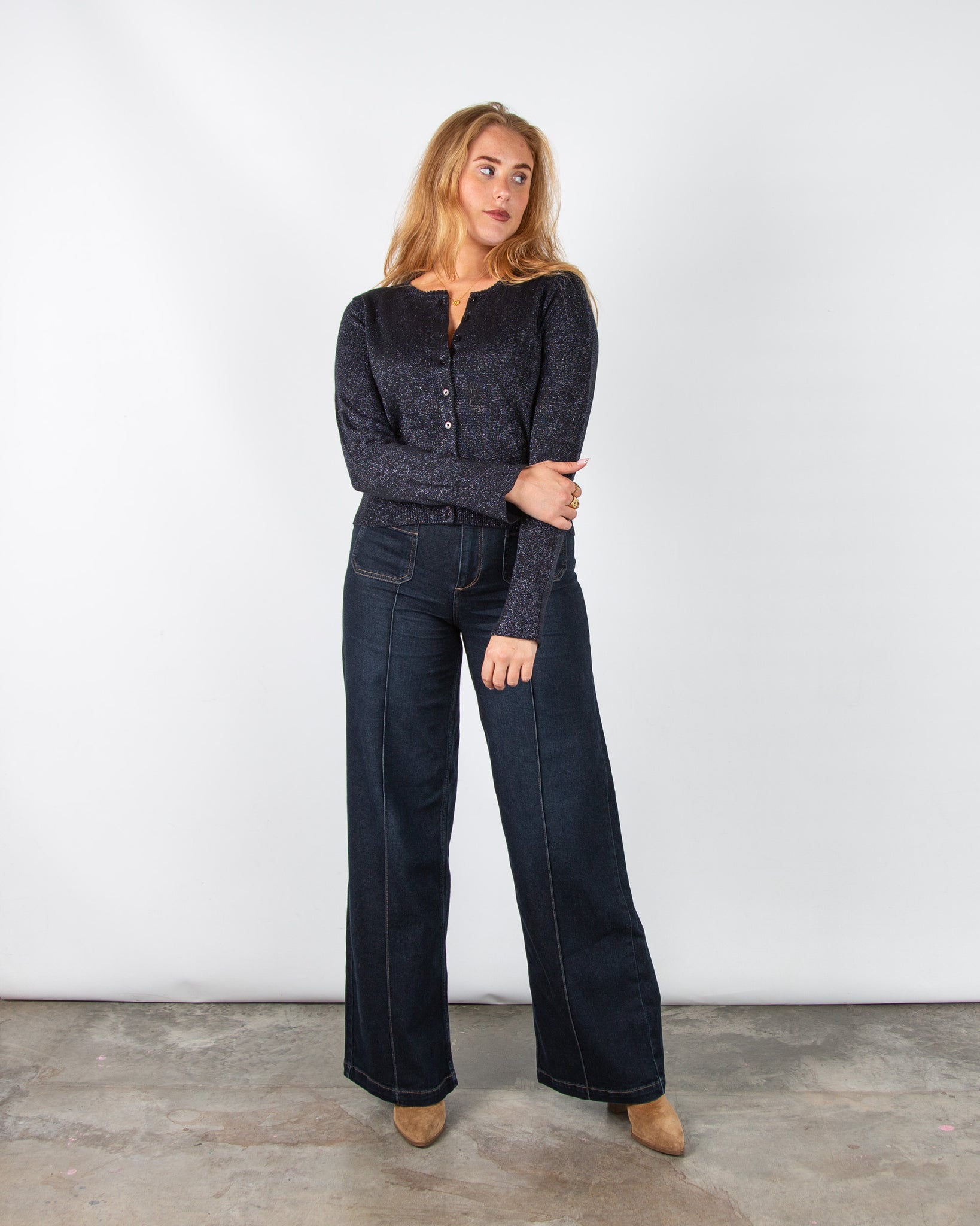 Part Two Veinta Lurex Knit Collarless Cardigan Dark Navy