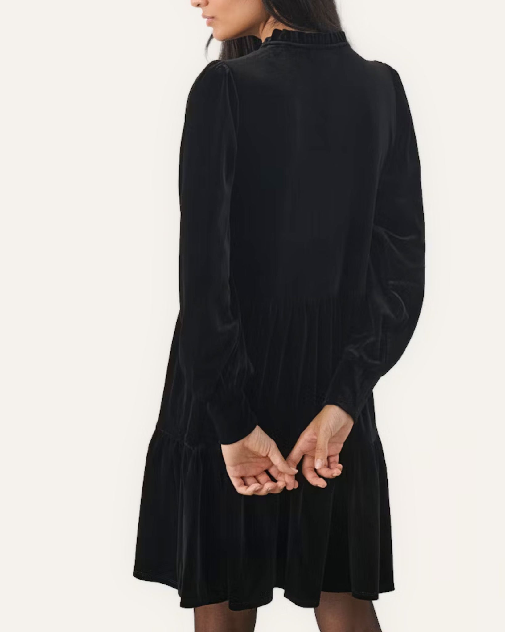 Part Two Viggase Velour Velvet Tiered Dress With Frill Neck Black
