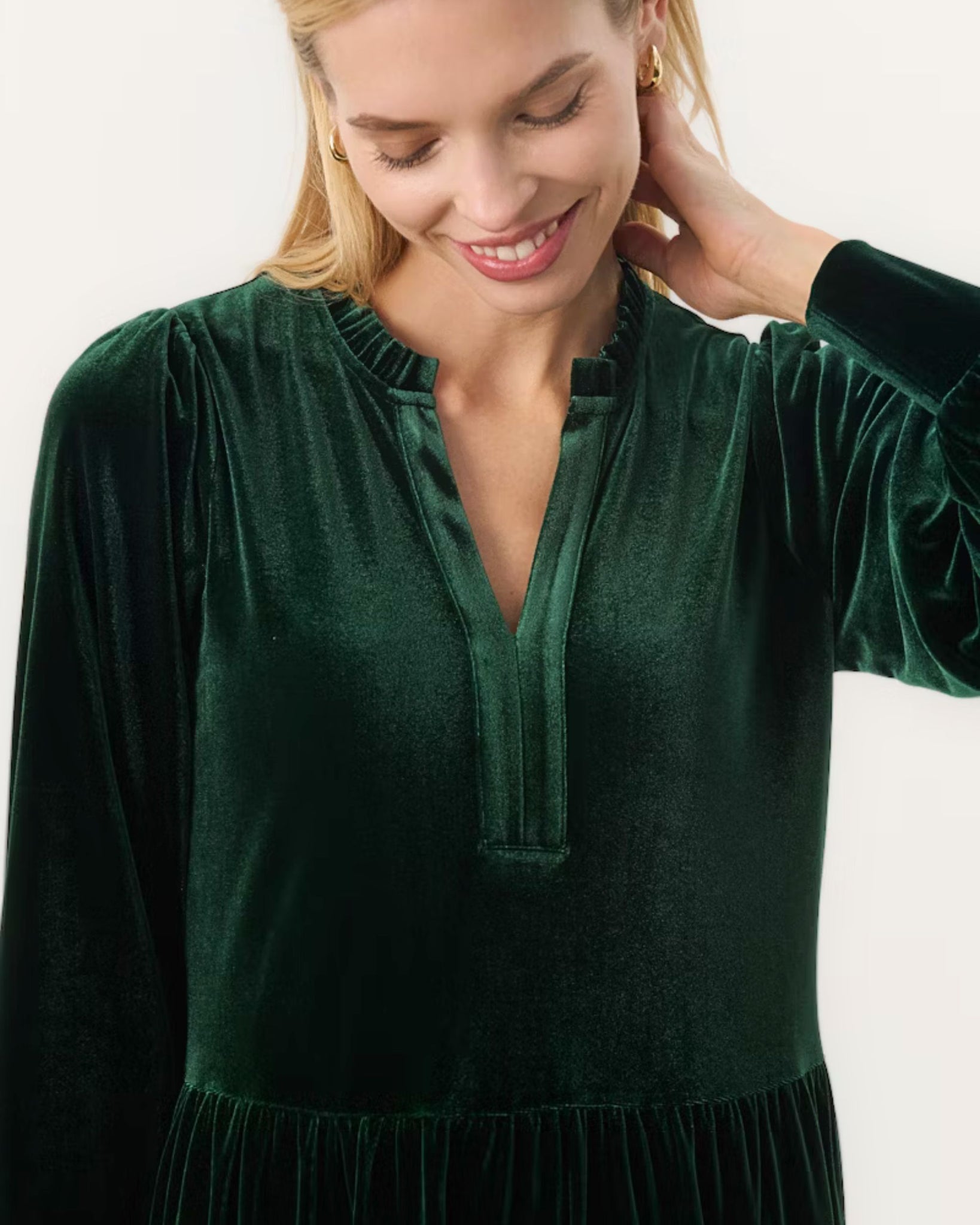 Part Two Viggase Velour Velvet Tiered Dress With Frill Neck Forest Green