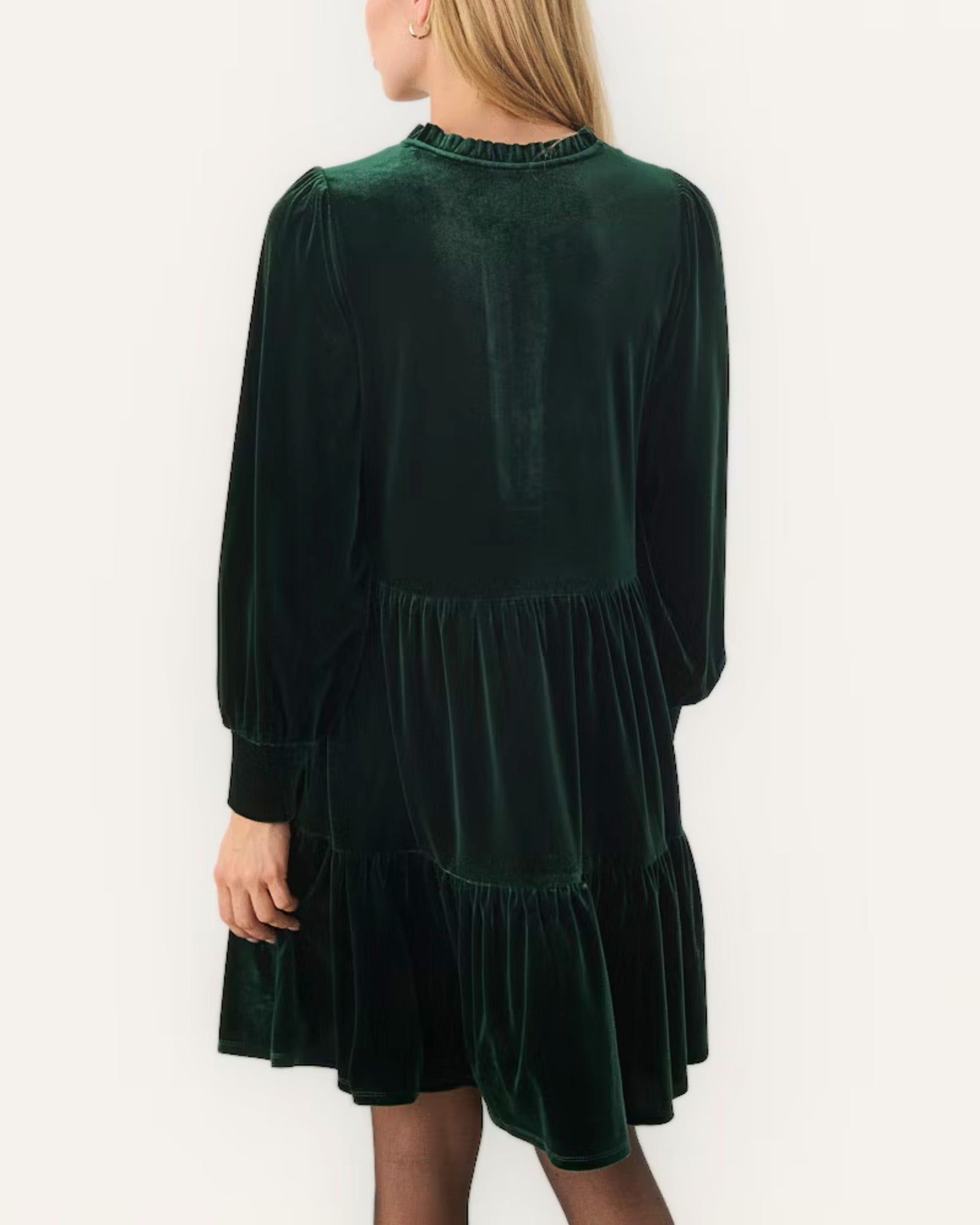 Part Two Viggase Velour Velvet Tiered Dress With Frill Neck Forest Green