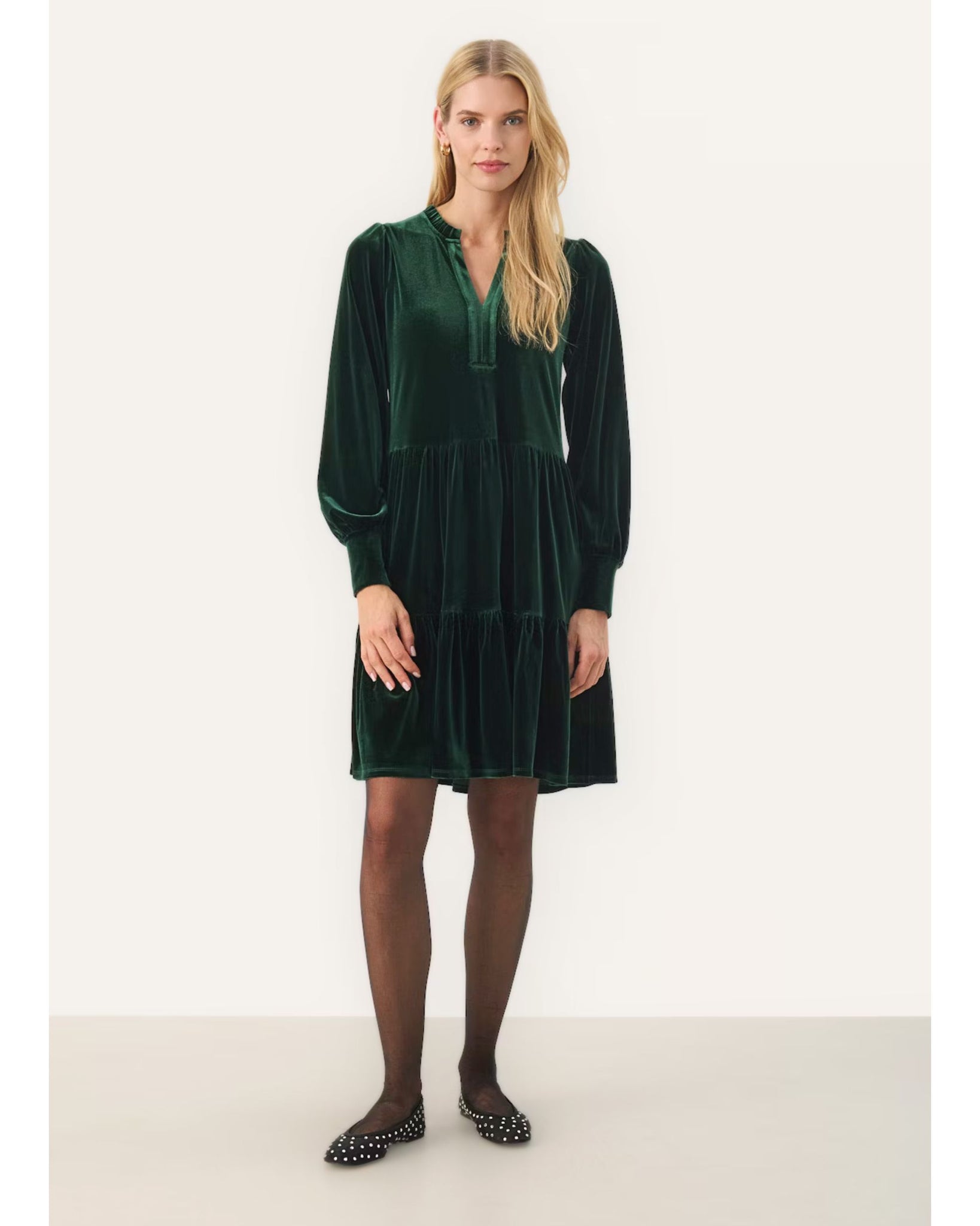 Part Two Viggase Velour Velvet Tiered Dress With Frill Neck Forest Green