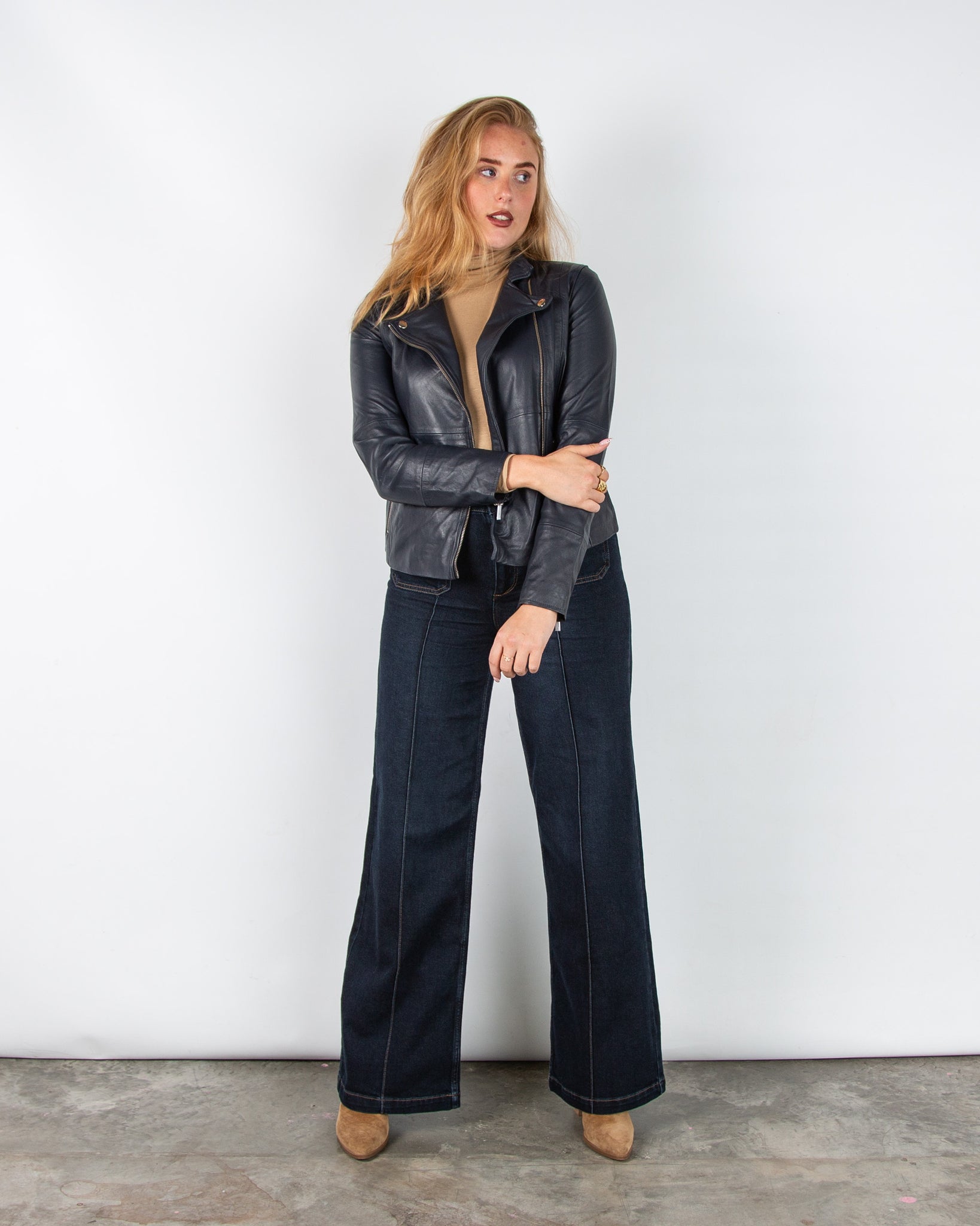 Part Two Frances Fitted Leather Biker Jacket Ink Blue