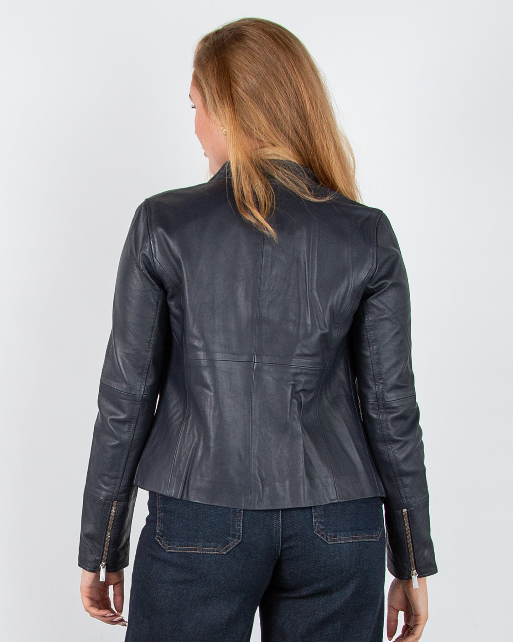 Part Two Frances Fitted Leather Biker Jacket Ink Blue