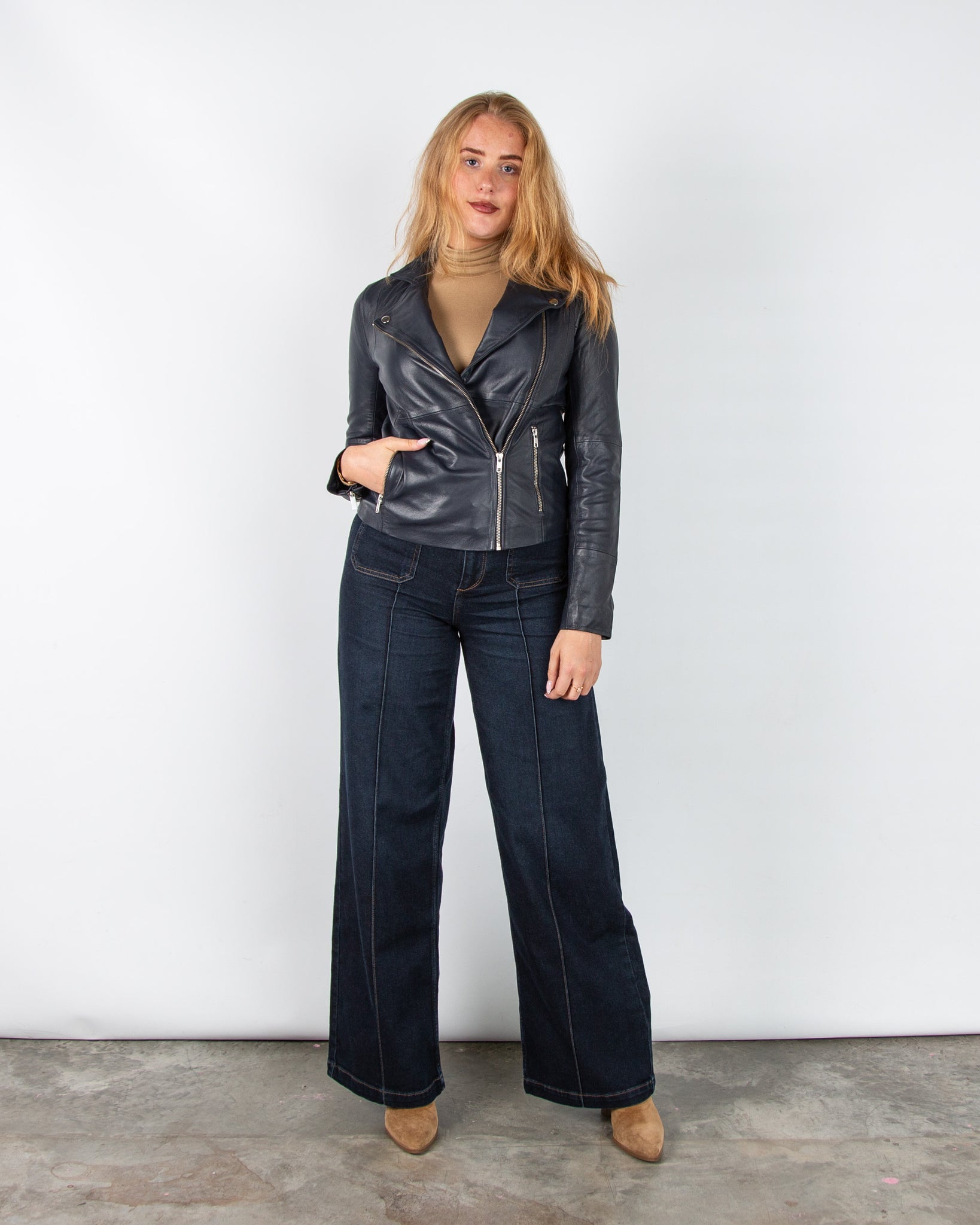 Part Two Frances Fitted Leather Biker Jacket Ink Blue