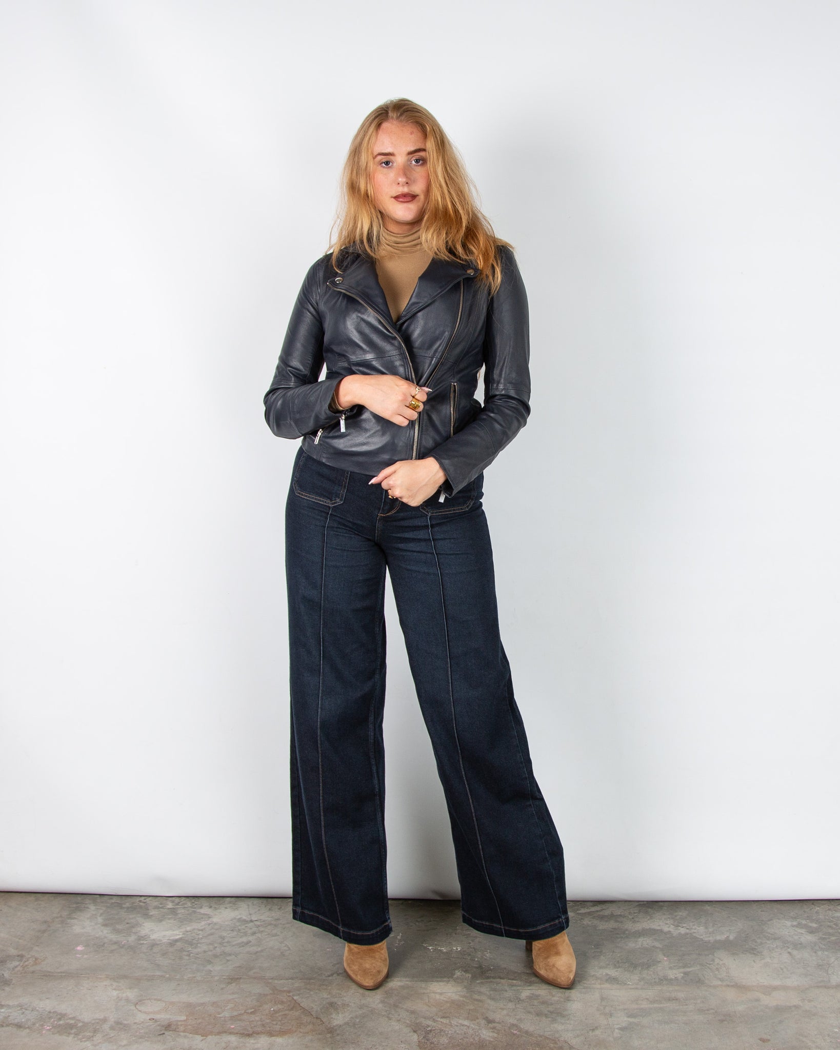 Part Two Frances Fitted Leather Biker Jacket Ink Blue