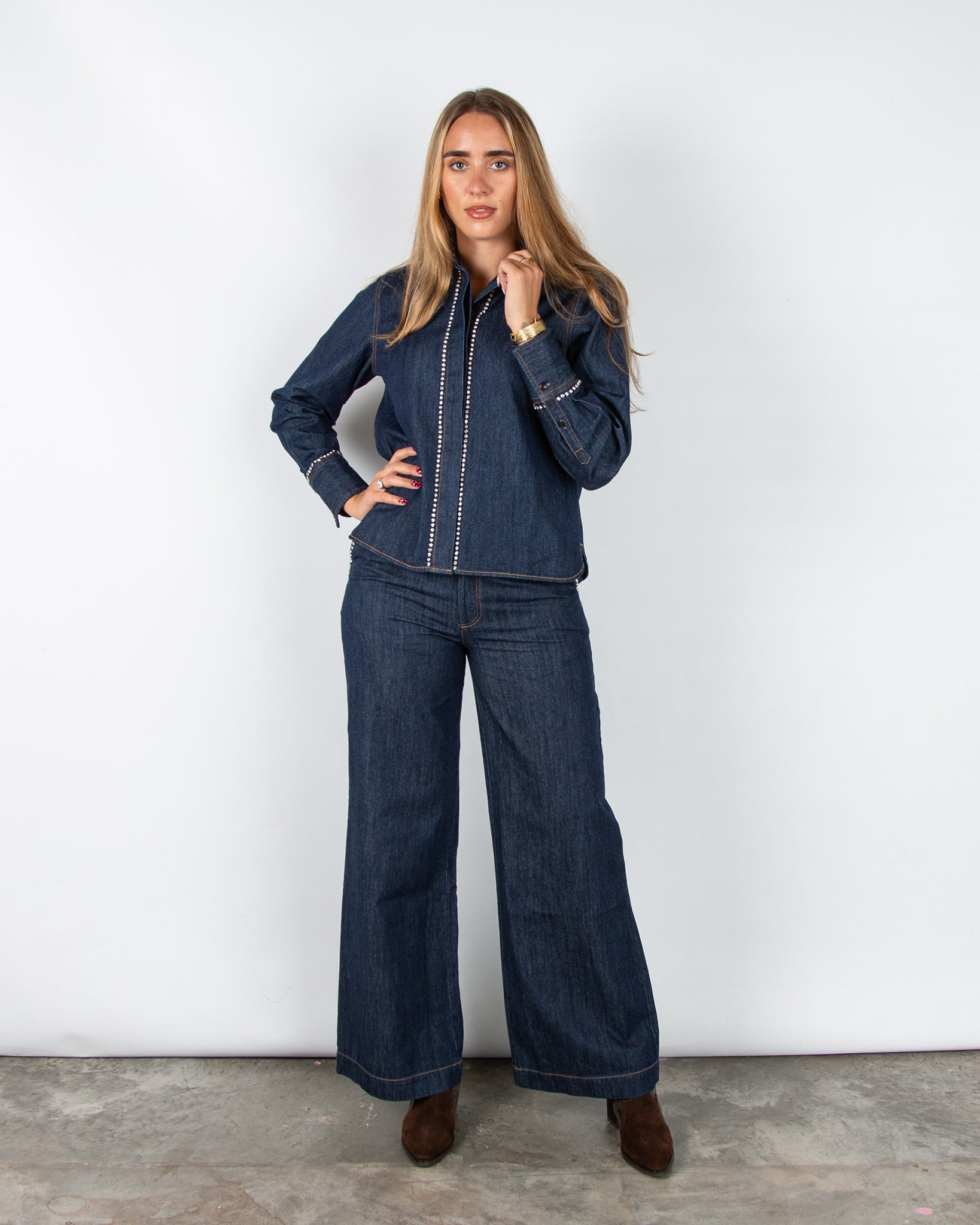 Part Two Ulrikke Denim Shirt Jacket With Diamante Trim Dark Denim