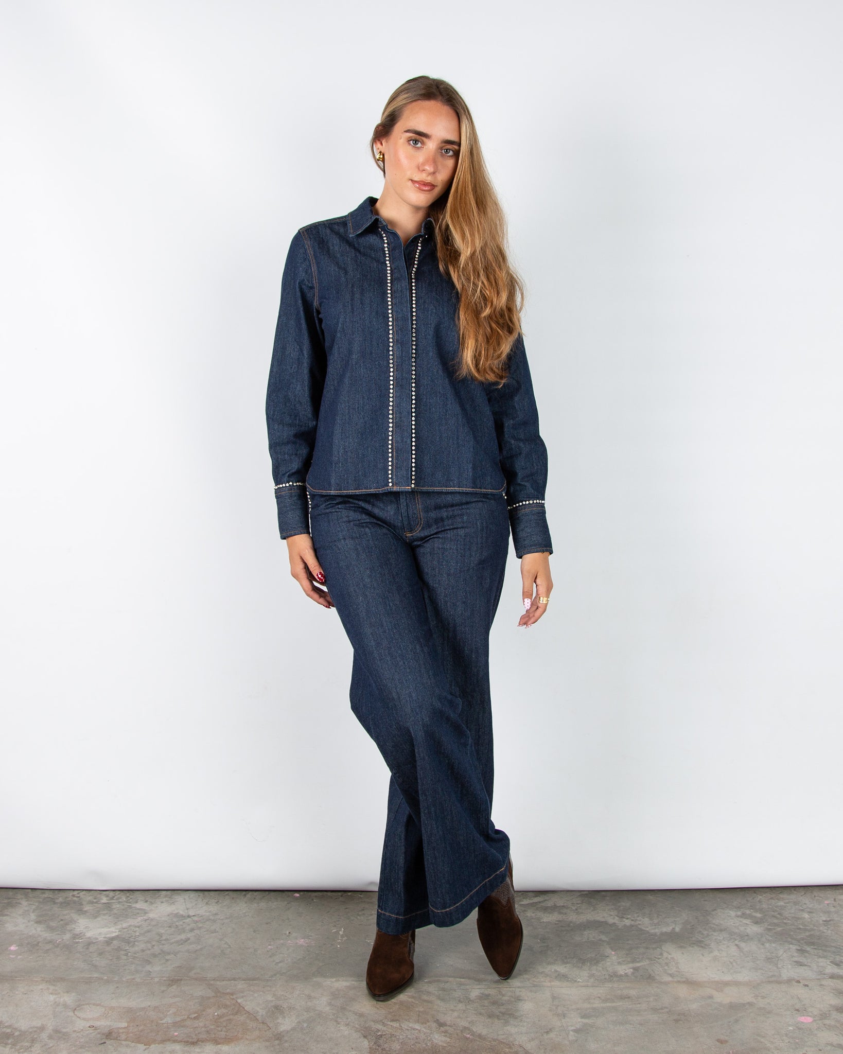 Part Two Ulrikke Denim Shirt Jacket With Diamante Trim Dark Denim