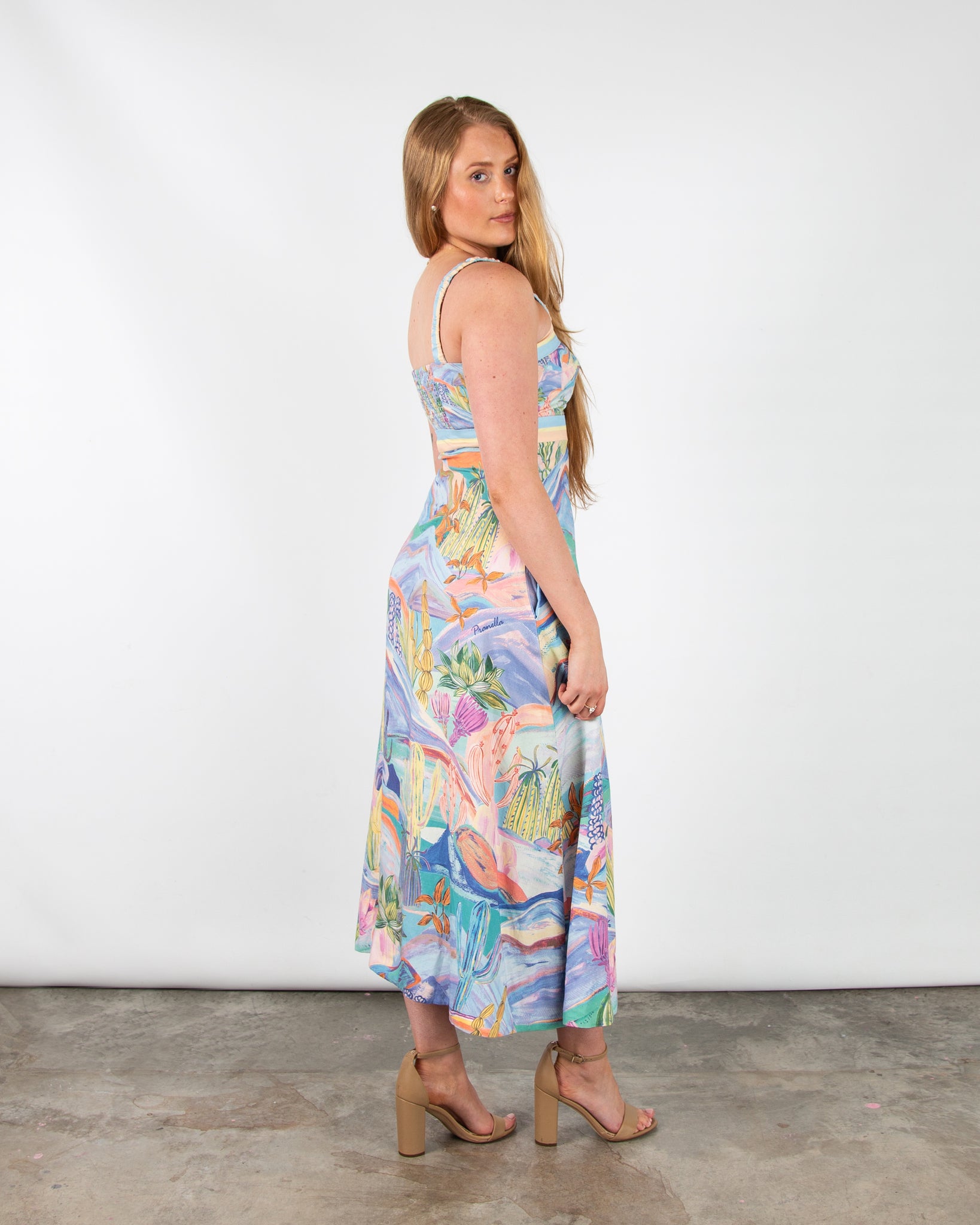 Pranella Pepper Cactus Print Square Neck Linen Strappy Dress Yucca Pri ...