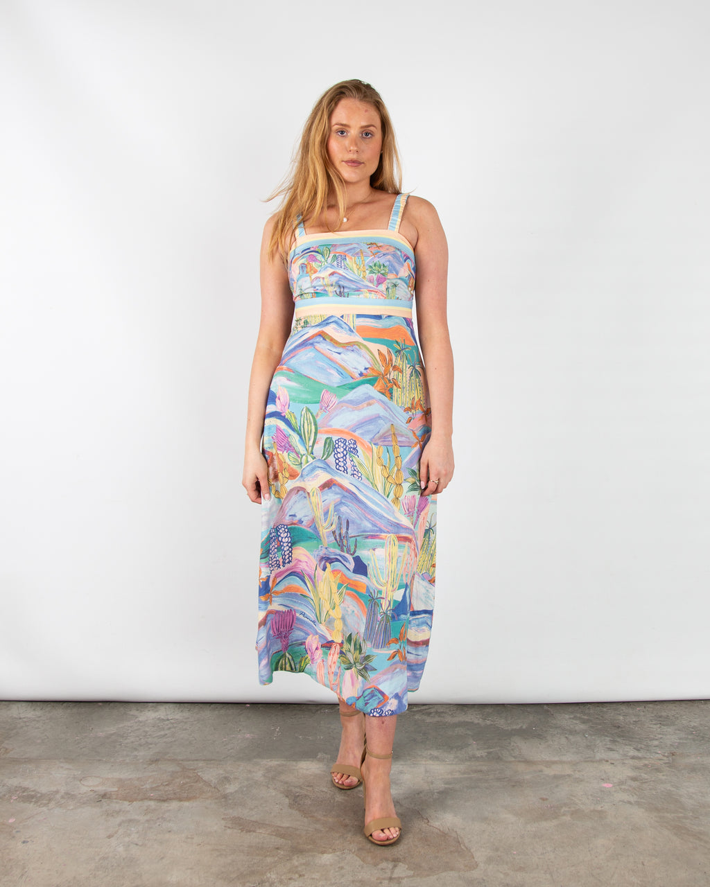 Pranella Pepper Cactus Print Square Neck Linen Strappy Dress Yucca Pri ...