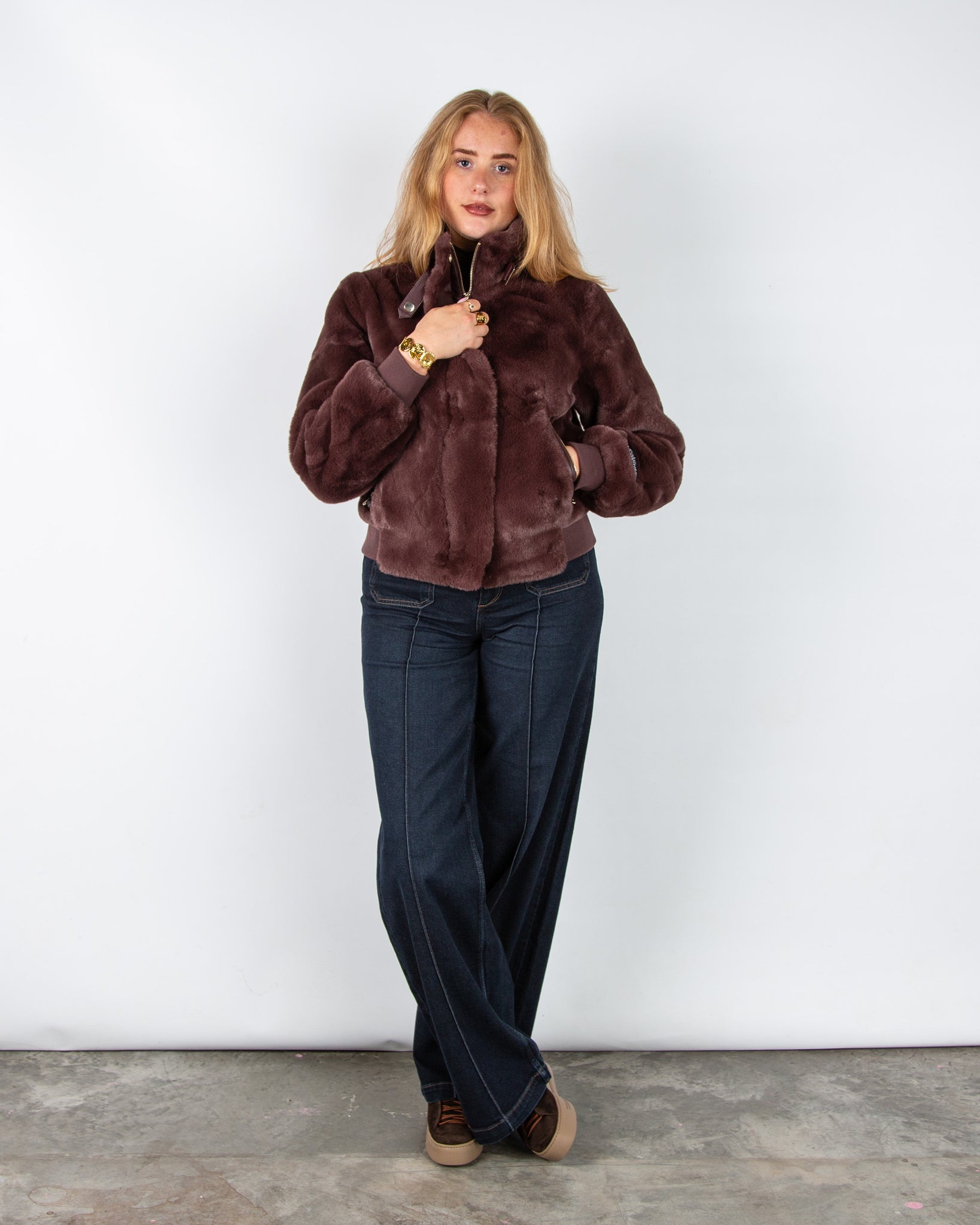 Rino & Pelle Ambra Faux Fur Bomber Jacket With Collar Chocolate Bean