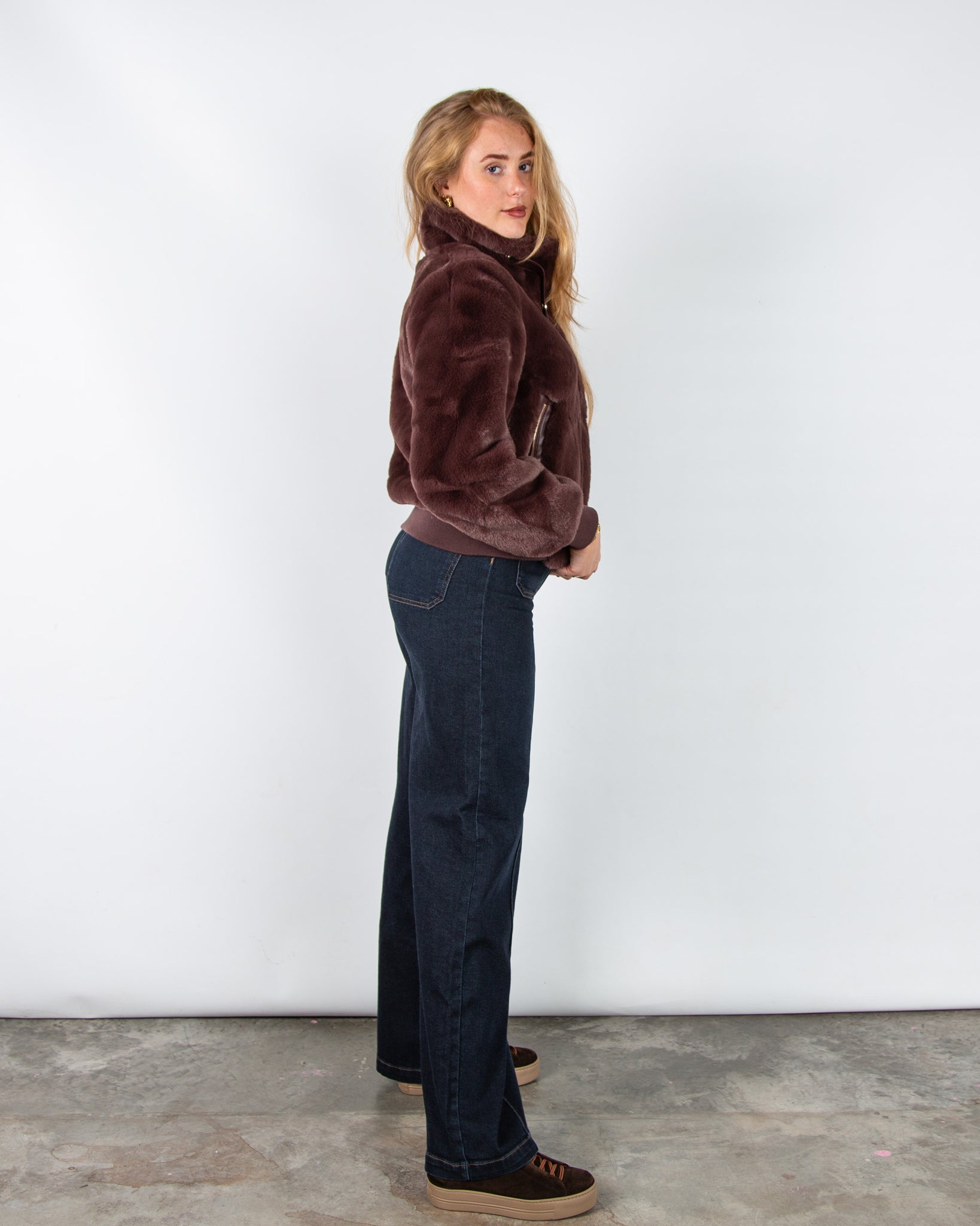 Rino & Pelle Ambra Faux Fur Bomber Jacket With Collar Chocolate Bean