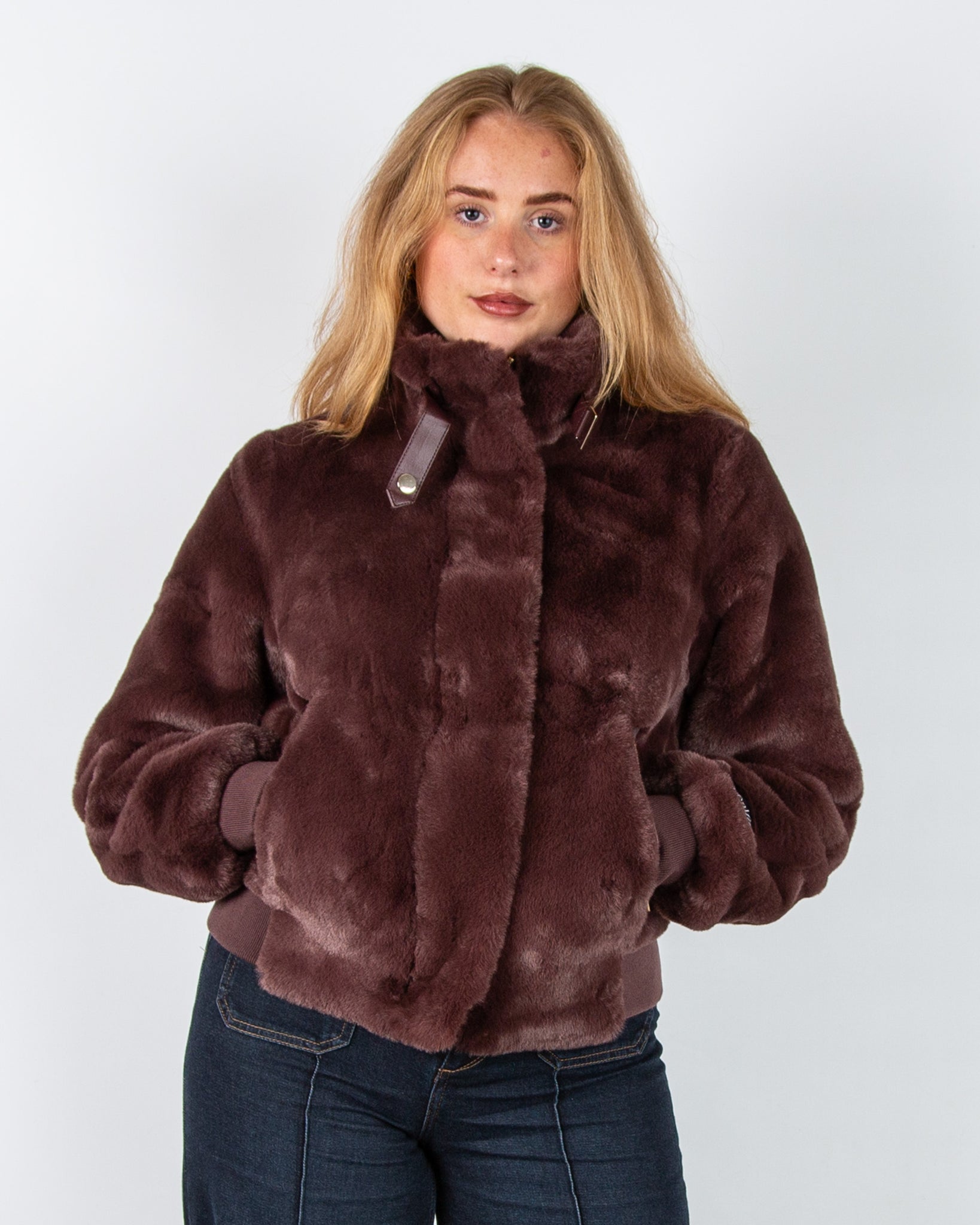 Rino & Pelle Ambra Faux Fur Bomber Jacket With Collar Chocolate Bean