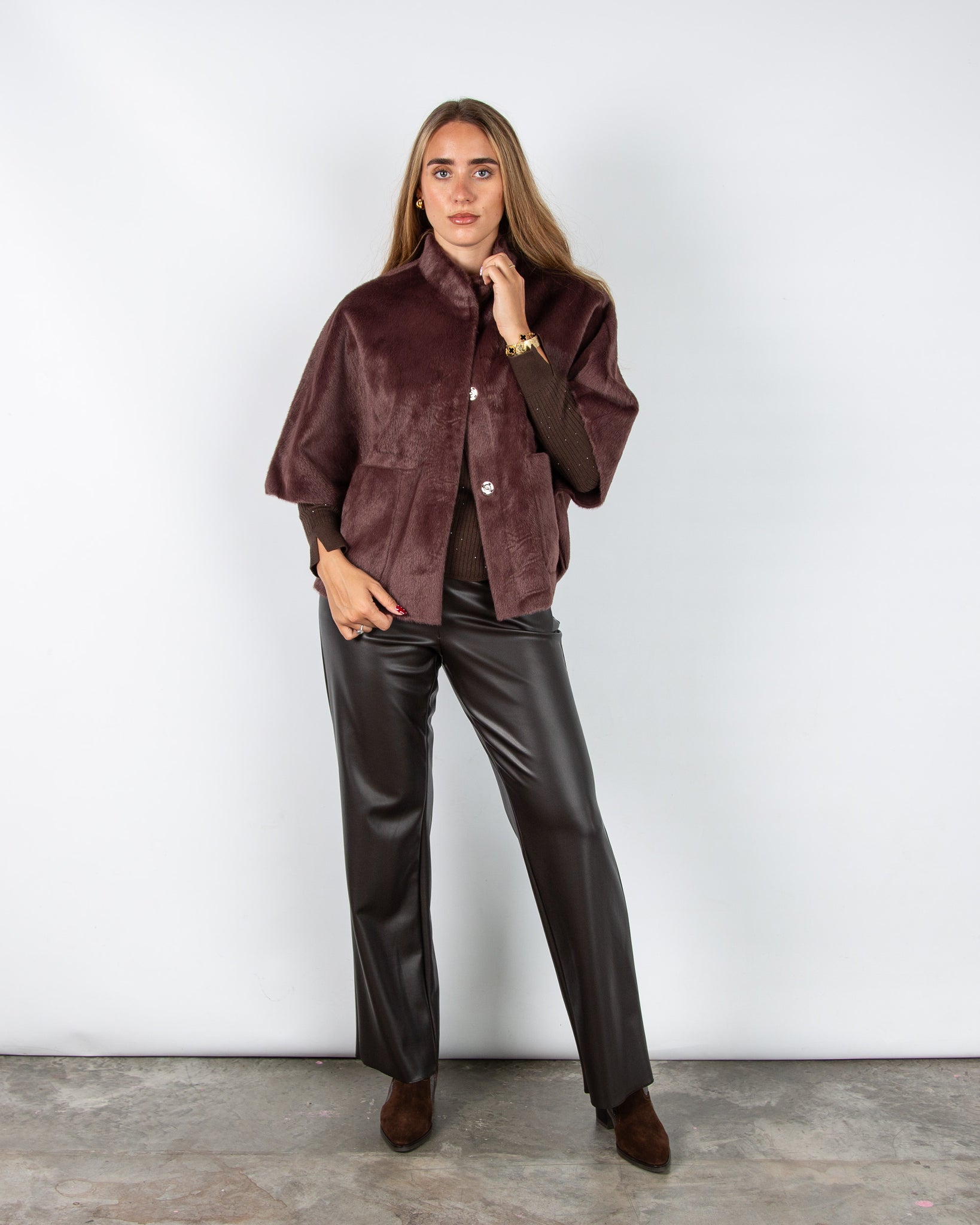 Rino & Pelle Dewi Faux Fur Cape Jacket with Patch Pocket Chocolate Bean