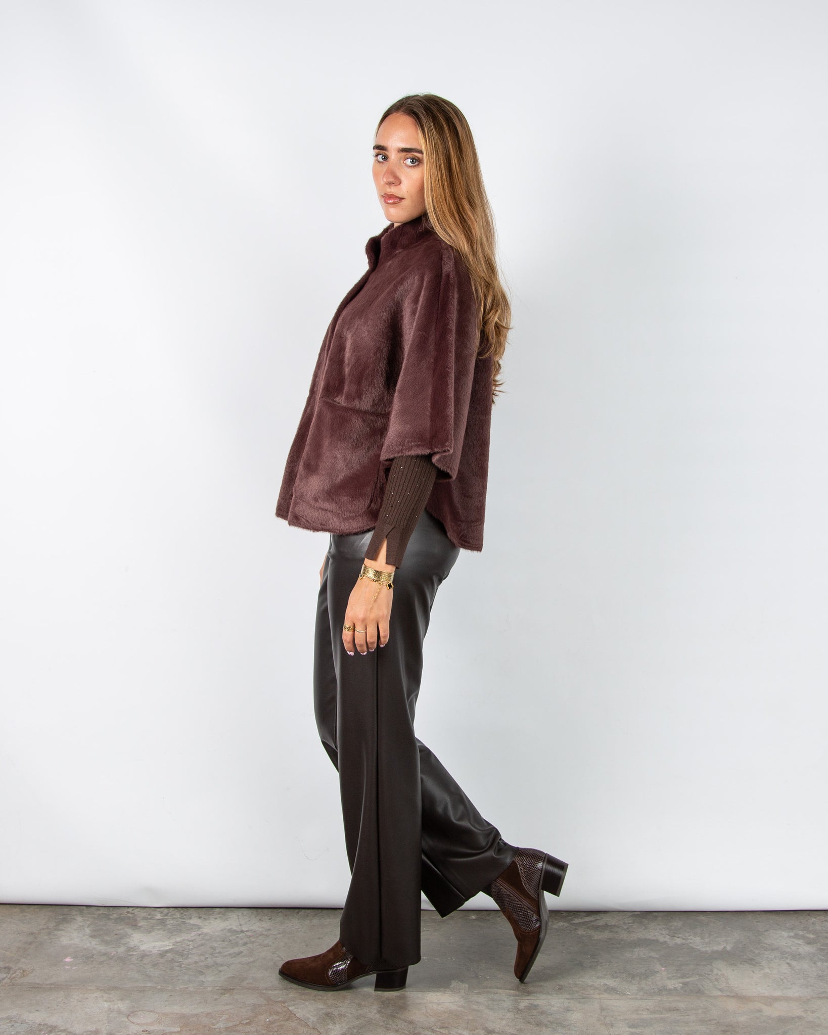 Rino & Pelle Dewi Faux Fur Cape Jacket with Patch Pocket Chocolate Bean