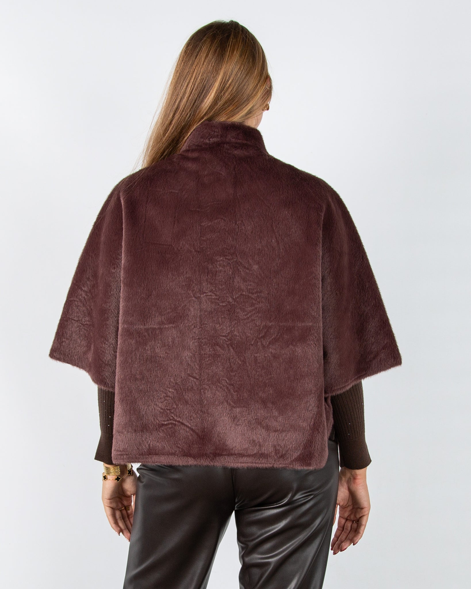 Rino & Pelle Dewi Faux Fur Cape Jacket with Patch Pocket Chocolate Bean