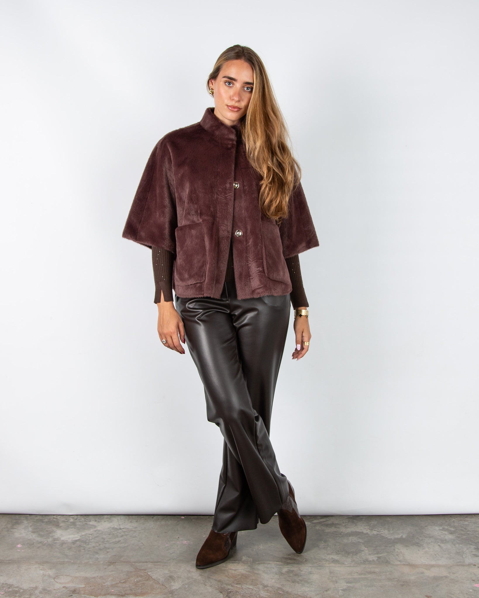 Rino & Pelle Dewi Faux Fur Cape Jacket with Patch Pocket Chocolate Bean