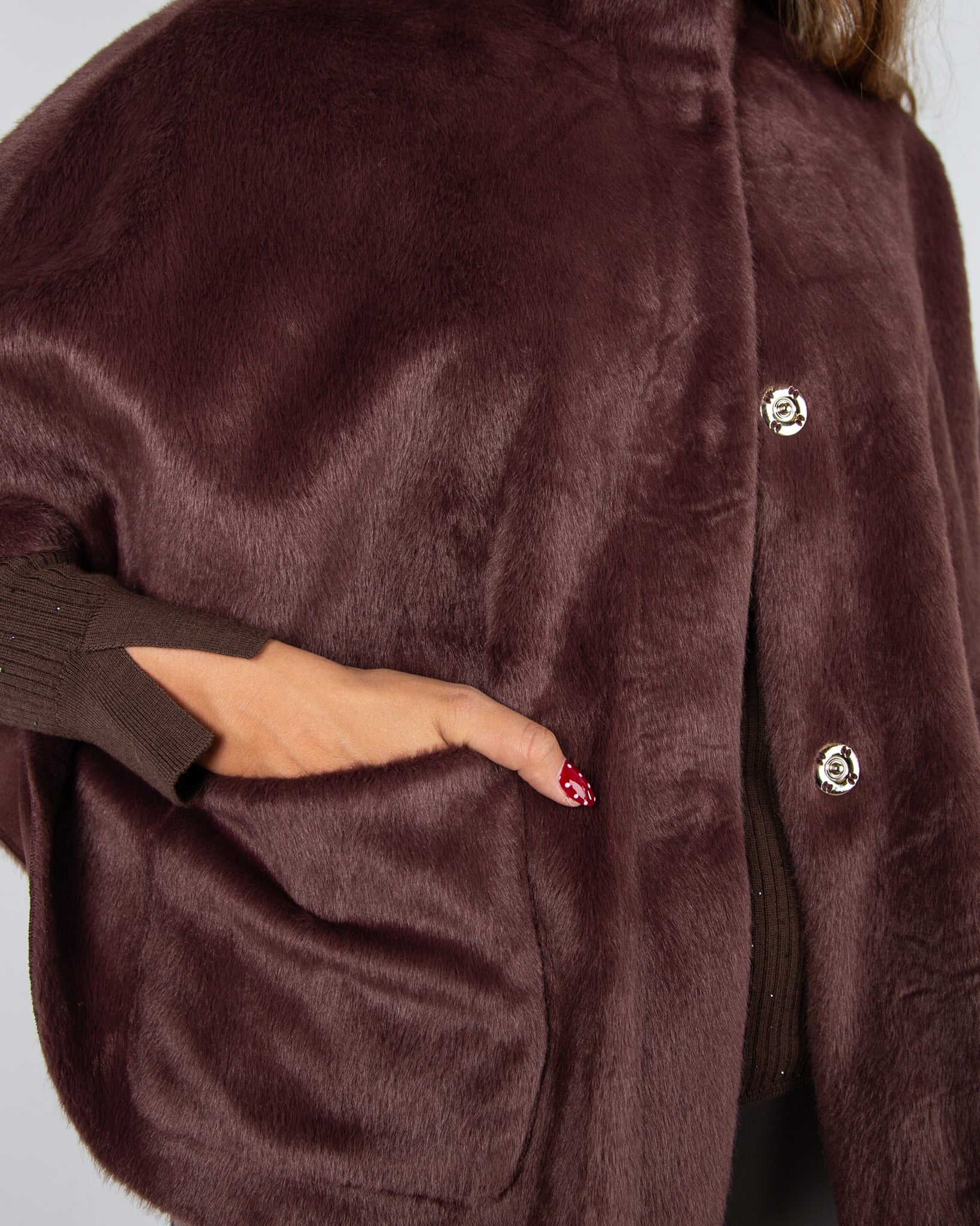 Rino & Pelle Dewi Faux Fur Cape Jacket with Patch Pocket Chocolate Bean