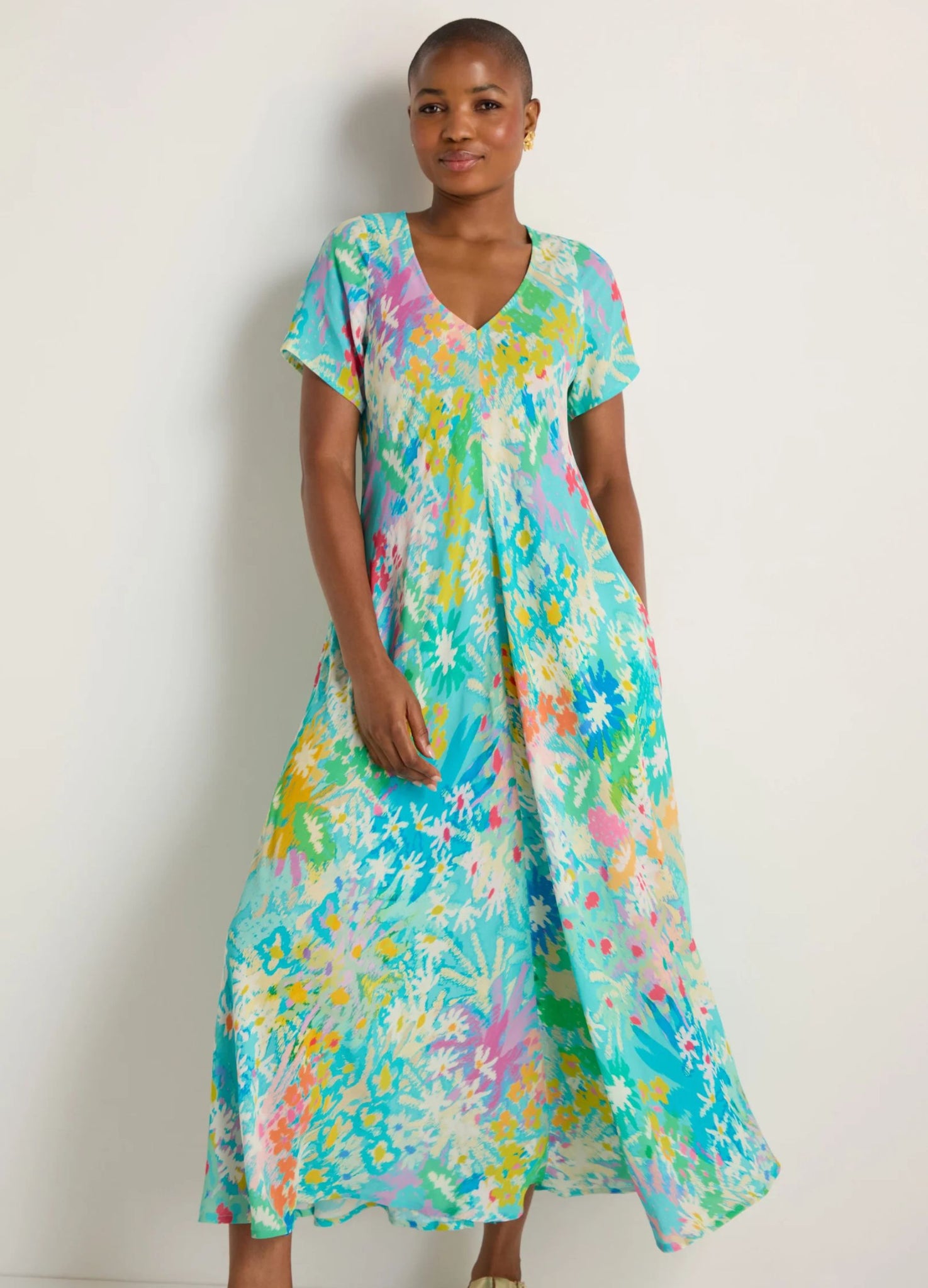 Sahara Floral V Neck Flowing Maxi Dress with Centre Pleat