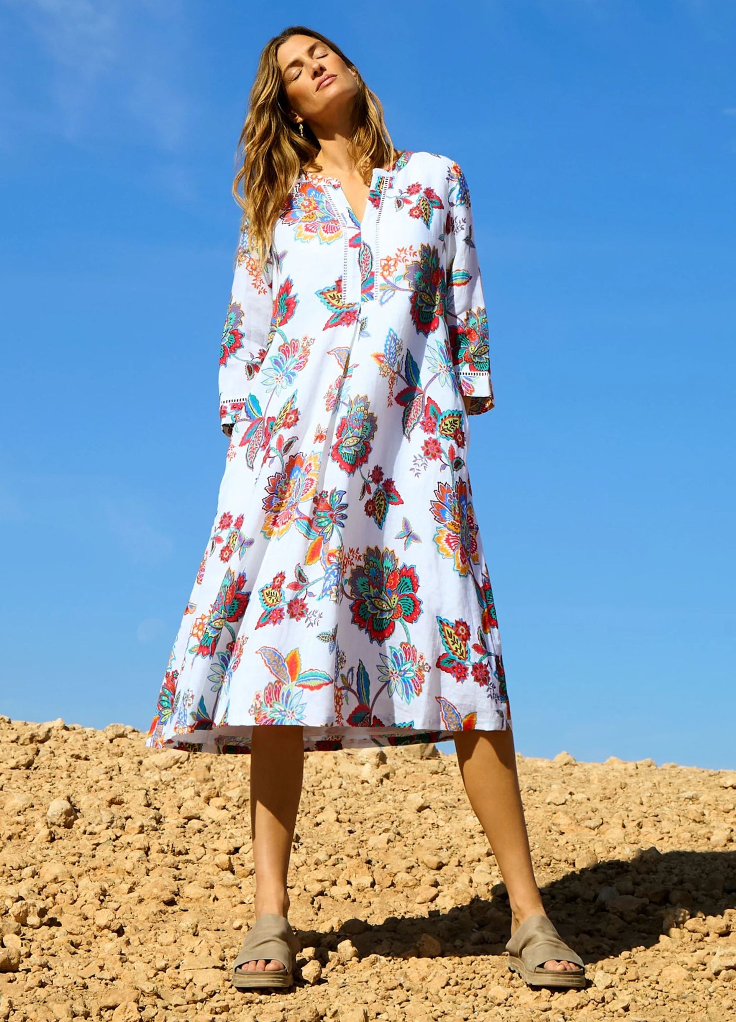 Sahara Floral A Line Linen Dress with Cutout Neckline White Multi